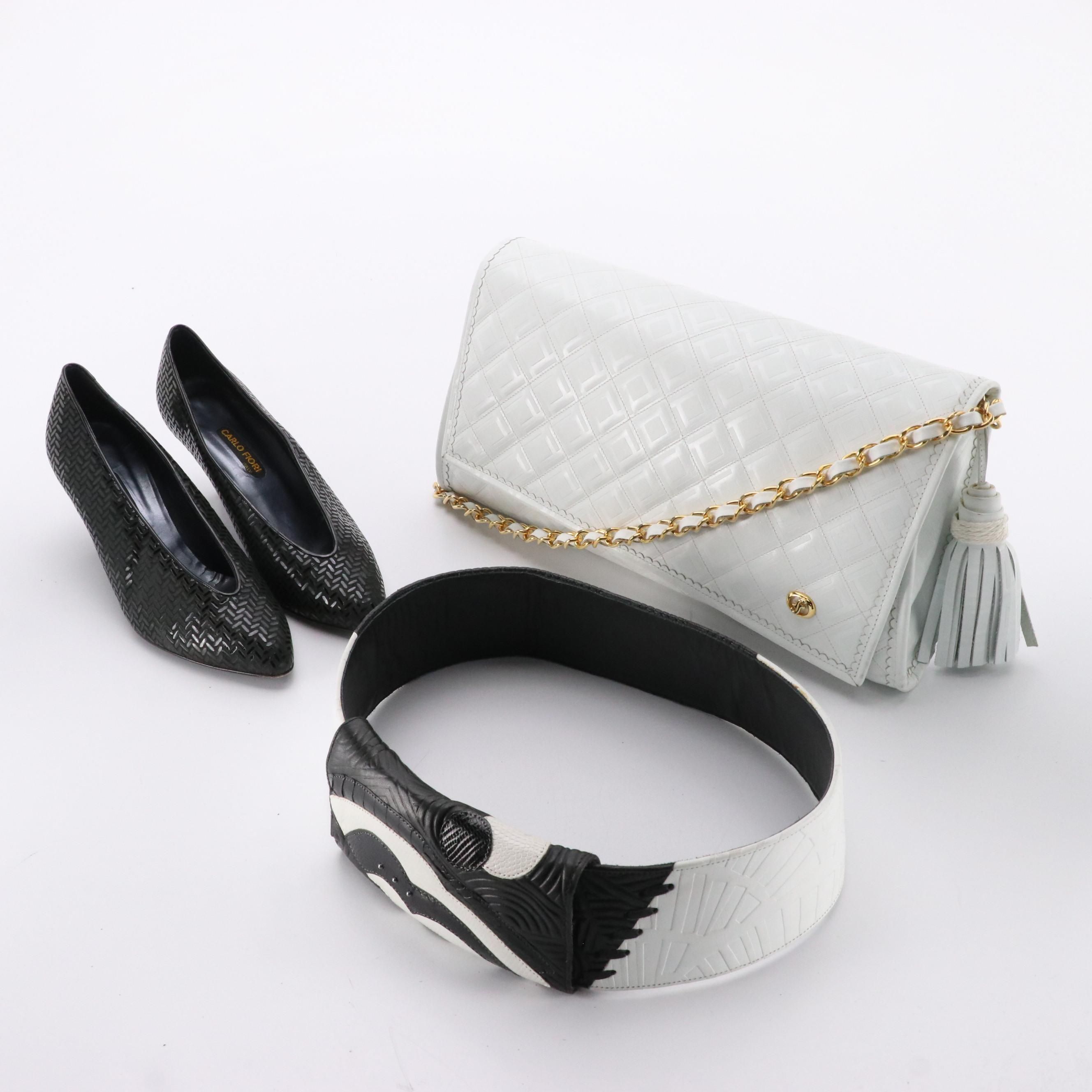 Carlo Fiori Square Quilted Front Flap Shoulder Bag, Pumps & Wide Belt in Leather