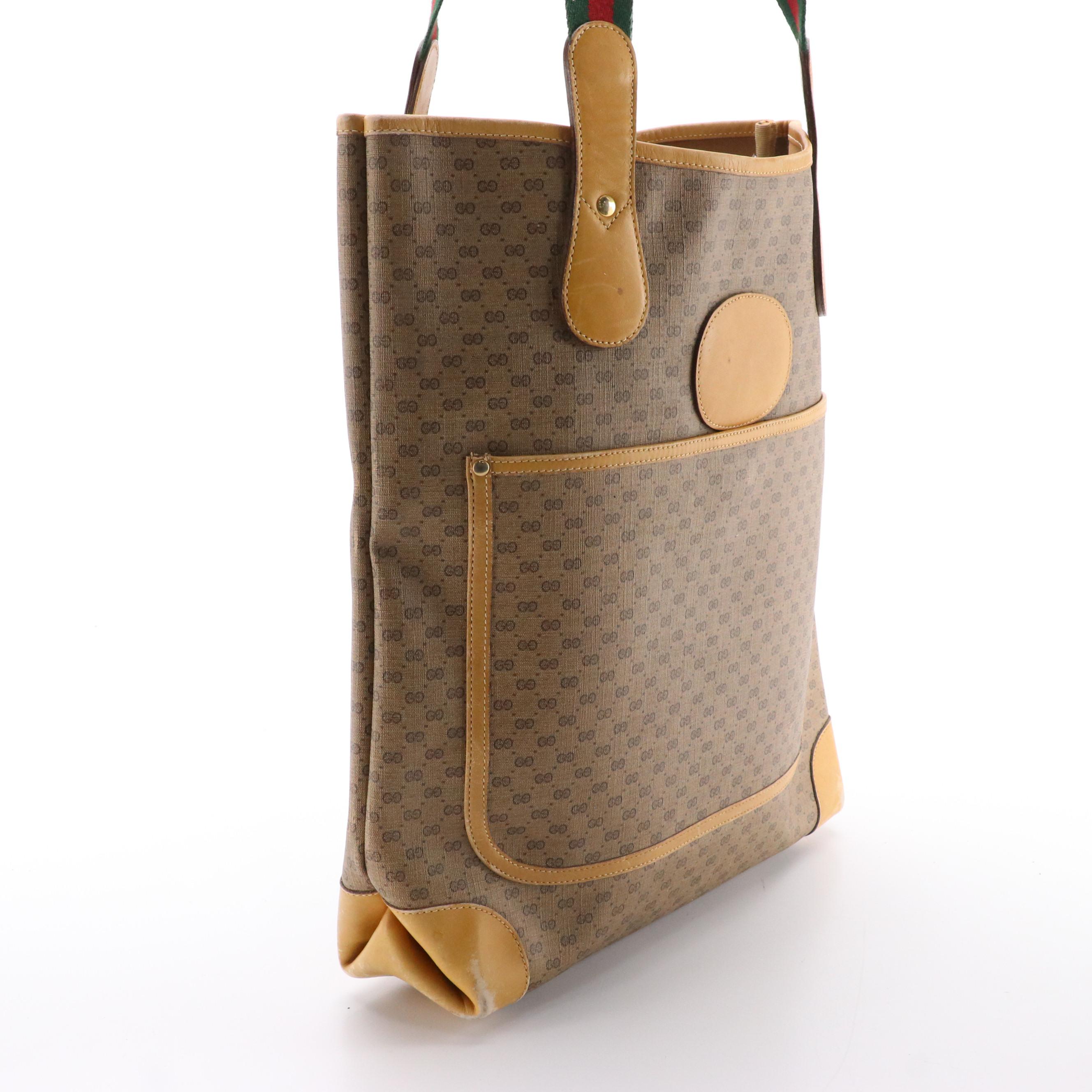 Gucci Front-Pocket Tote in Micro GG Canvas and Leather with Web Strap