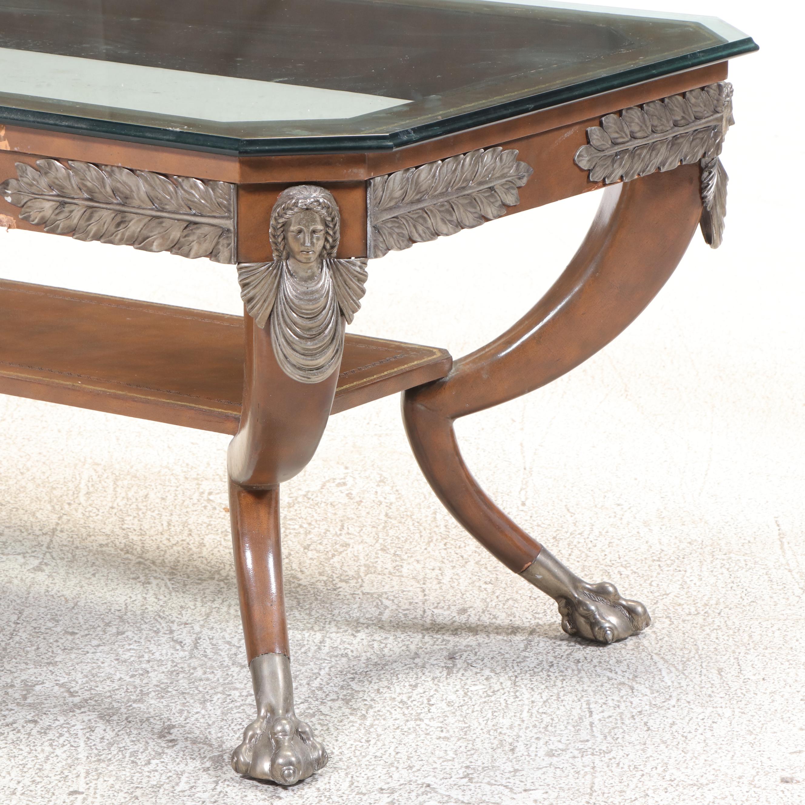Maitland-Smith Empire Style Metal-Mounted, Leather-Clad, and Glass Coffee Table
