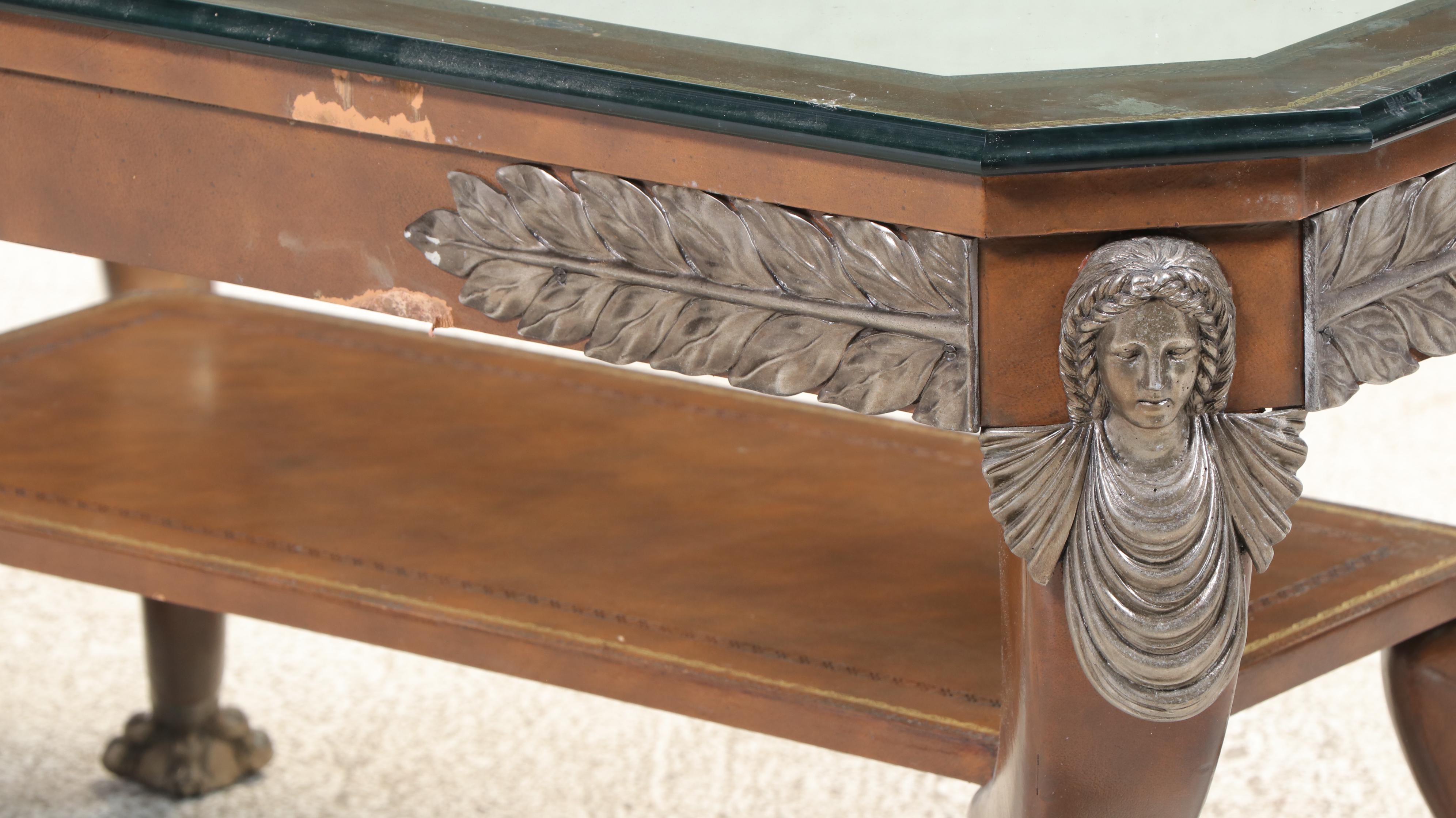 Maitland-Smith Empire Style Metal-Mounted, Leather-Clad, and Glass Coffee Table