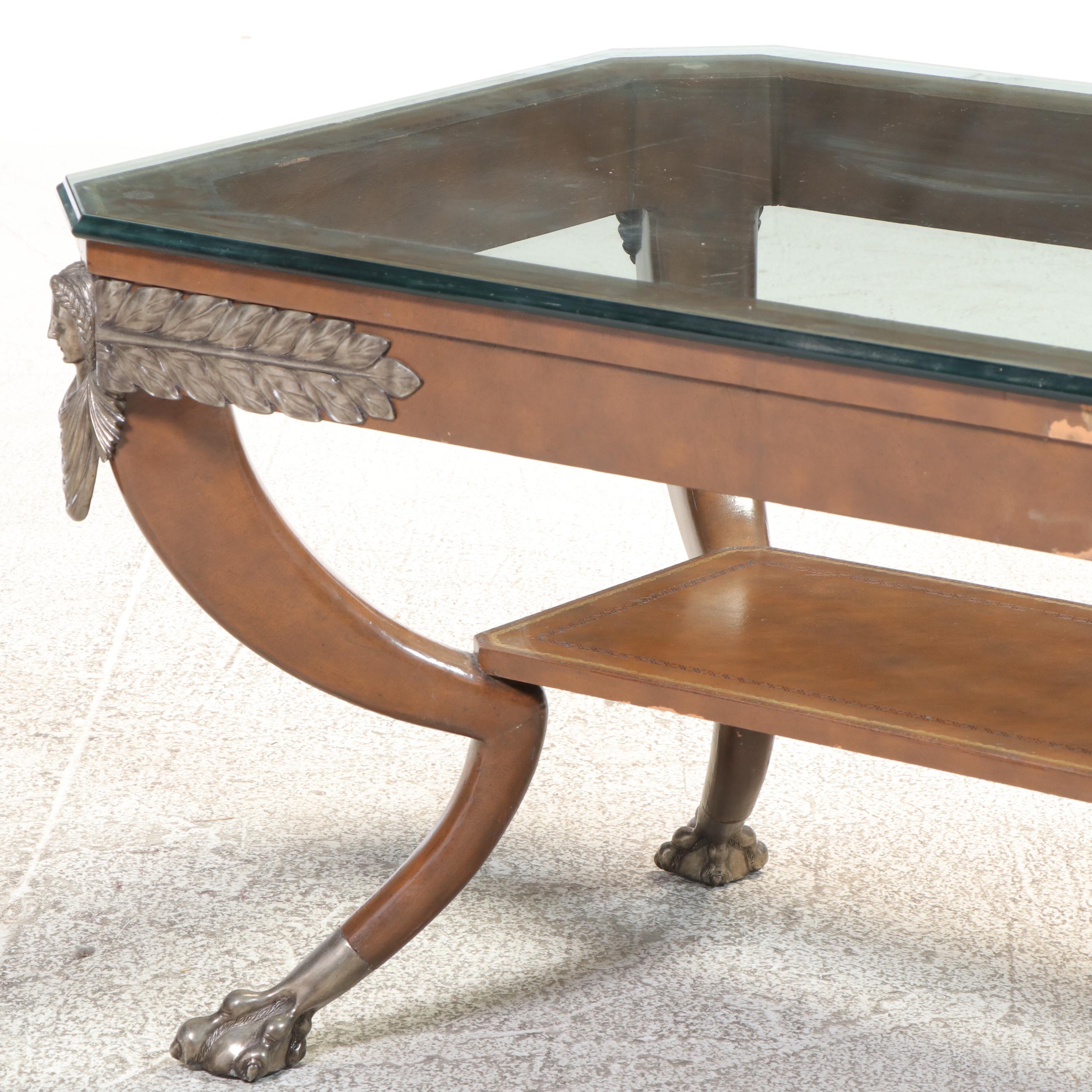 Maitland-Smith Empire Style Metal-Mounted, Leather-Clad, and Glass Coffee Table