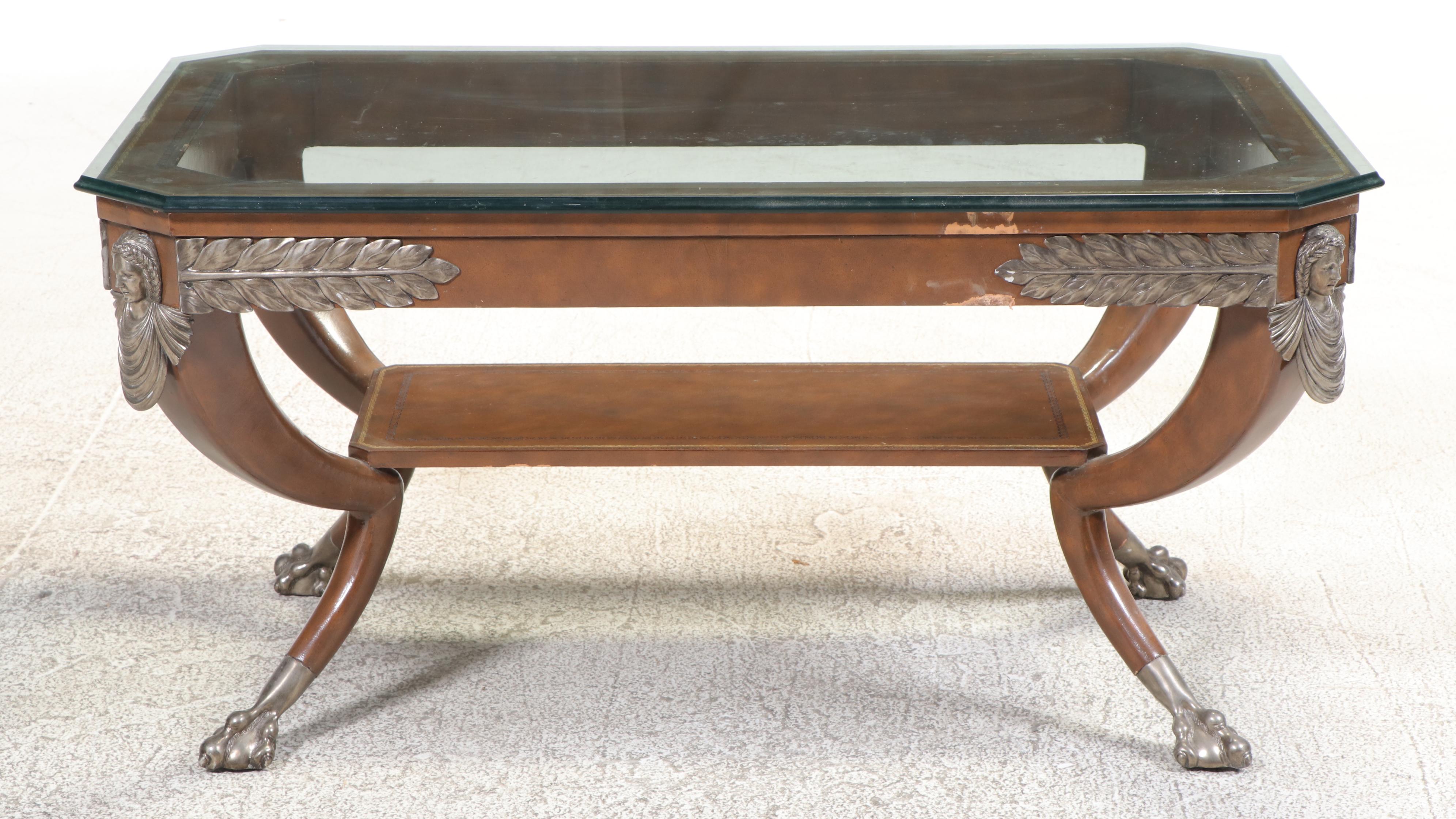 Maitland-Smith Empire Style Metal-Mounted, Leather-Clad, and Glass Coffee Table