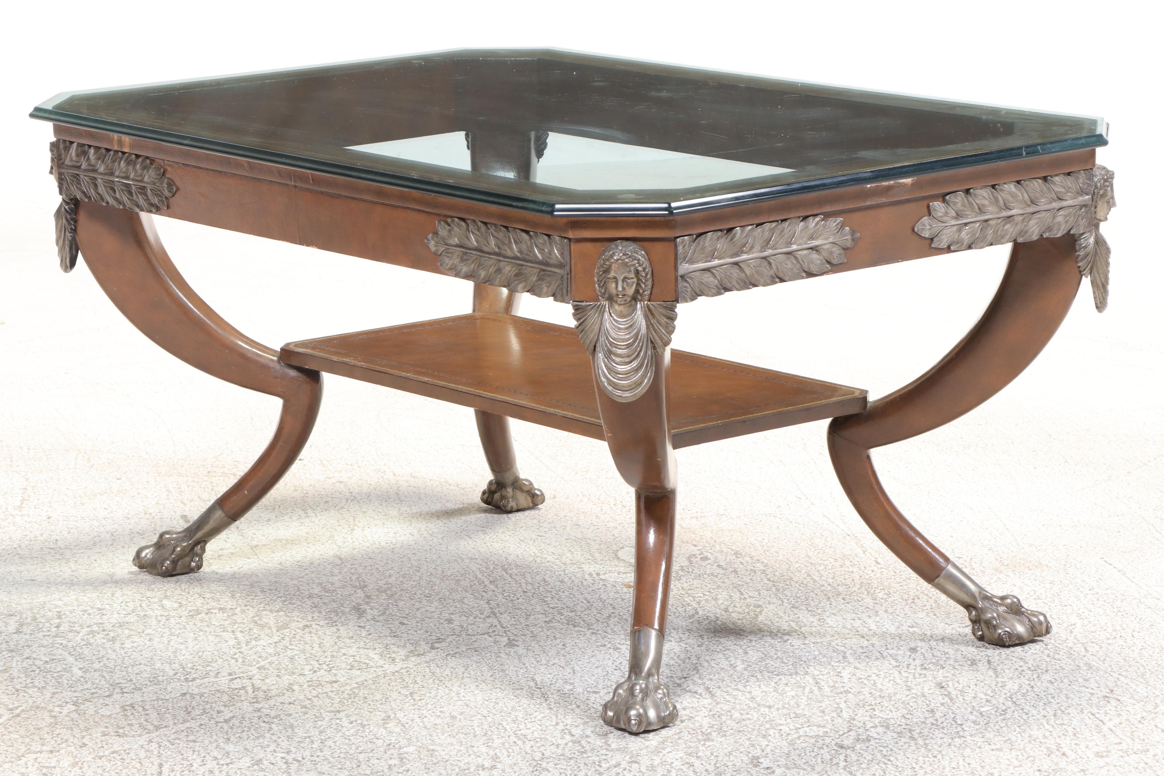 Maitland-Smith Empire Style Metal-Mounted, Leather-Clad, and Glass Coffee Table