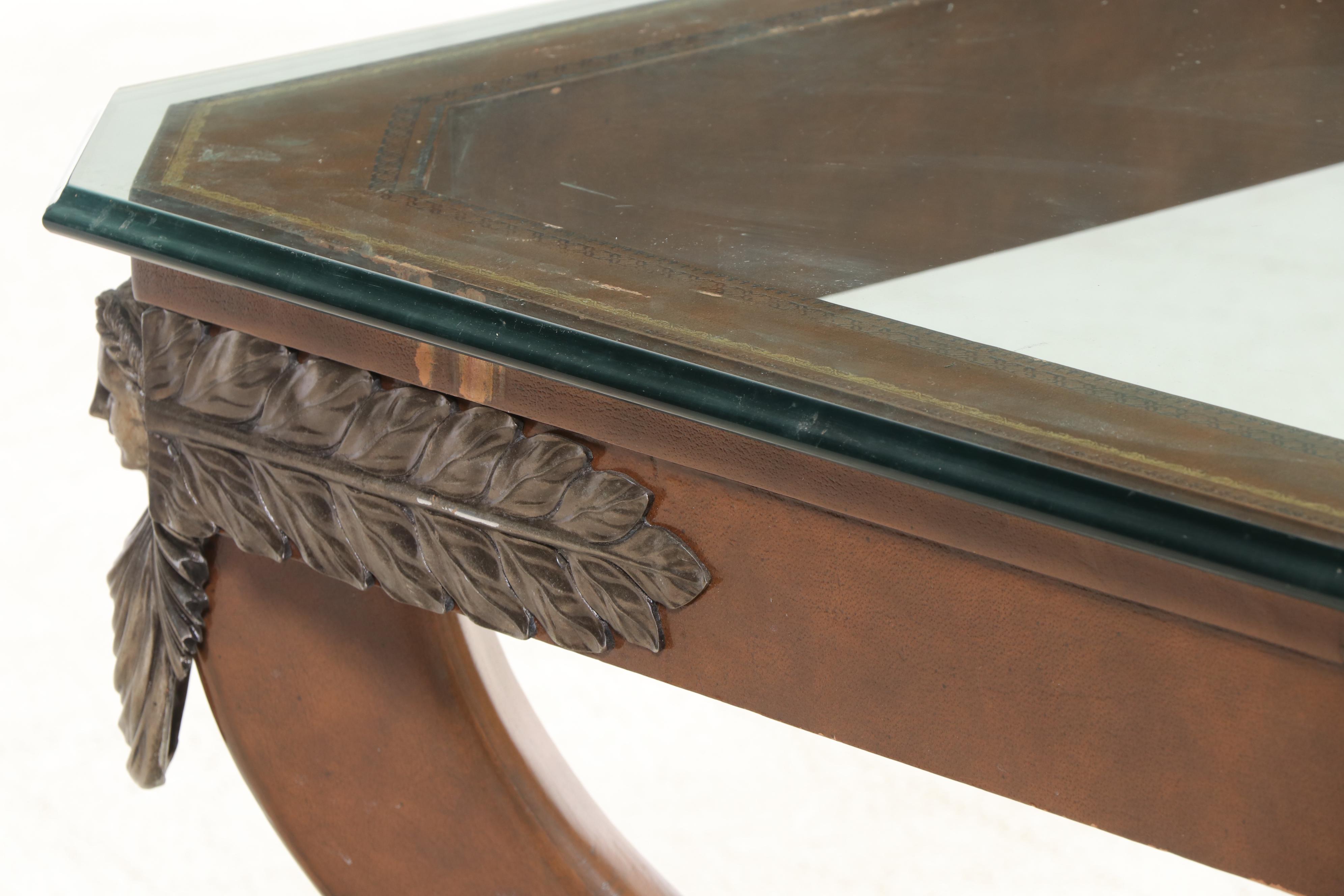 Maitland-Smith Empire Style Metal-Mounted, Leather-Clad, and Glass Coffee Table