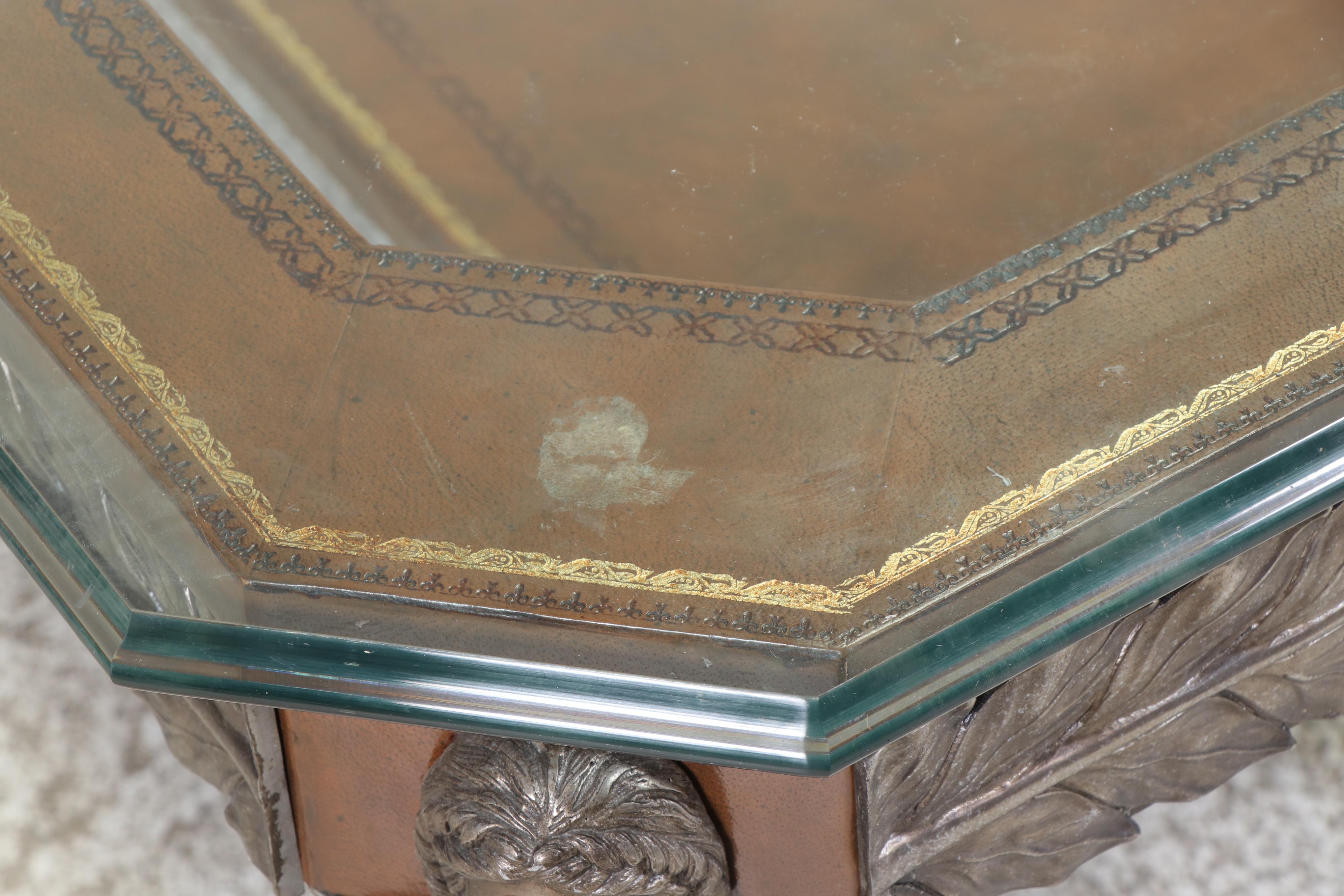 Maitland-Smith Empire Style Metal-Mounted, Leather-Clad, and Glass Coffee Table