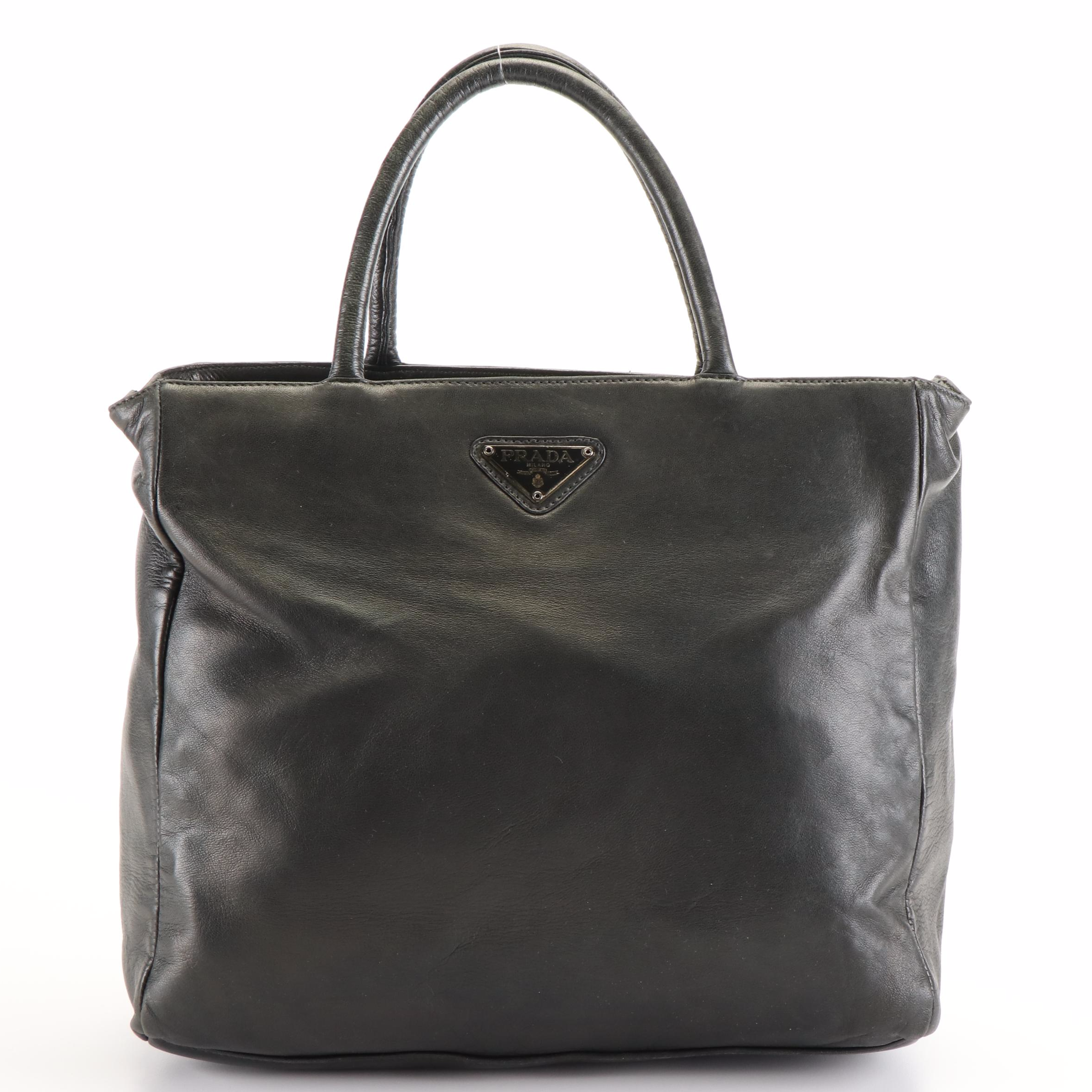 Prada Leather Triangle Logo Tote Bag