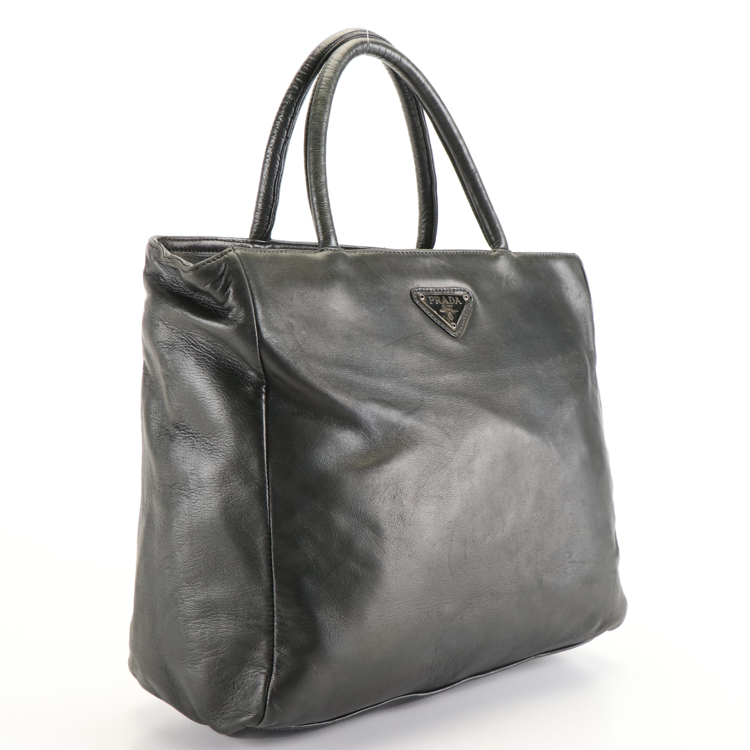 Prada Leather Triangle Logo Tote Bag