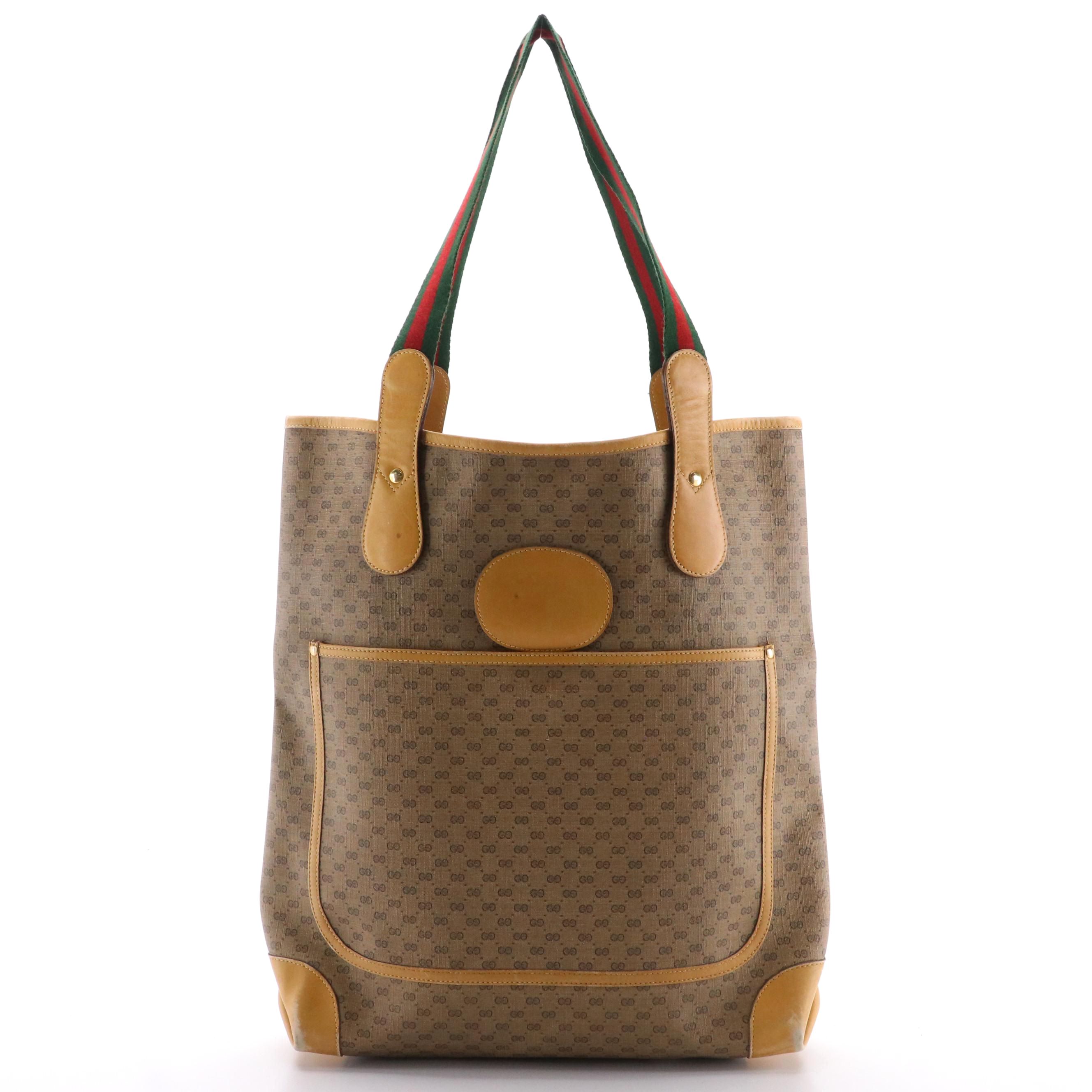 Gucci Front-Pocket Tote in Micro GG Canvas and Leather with Web Strap