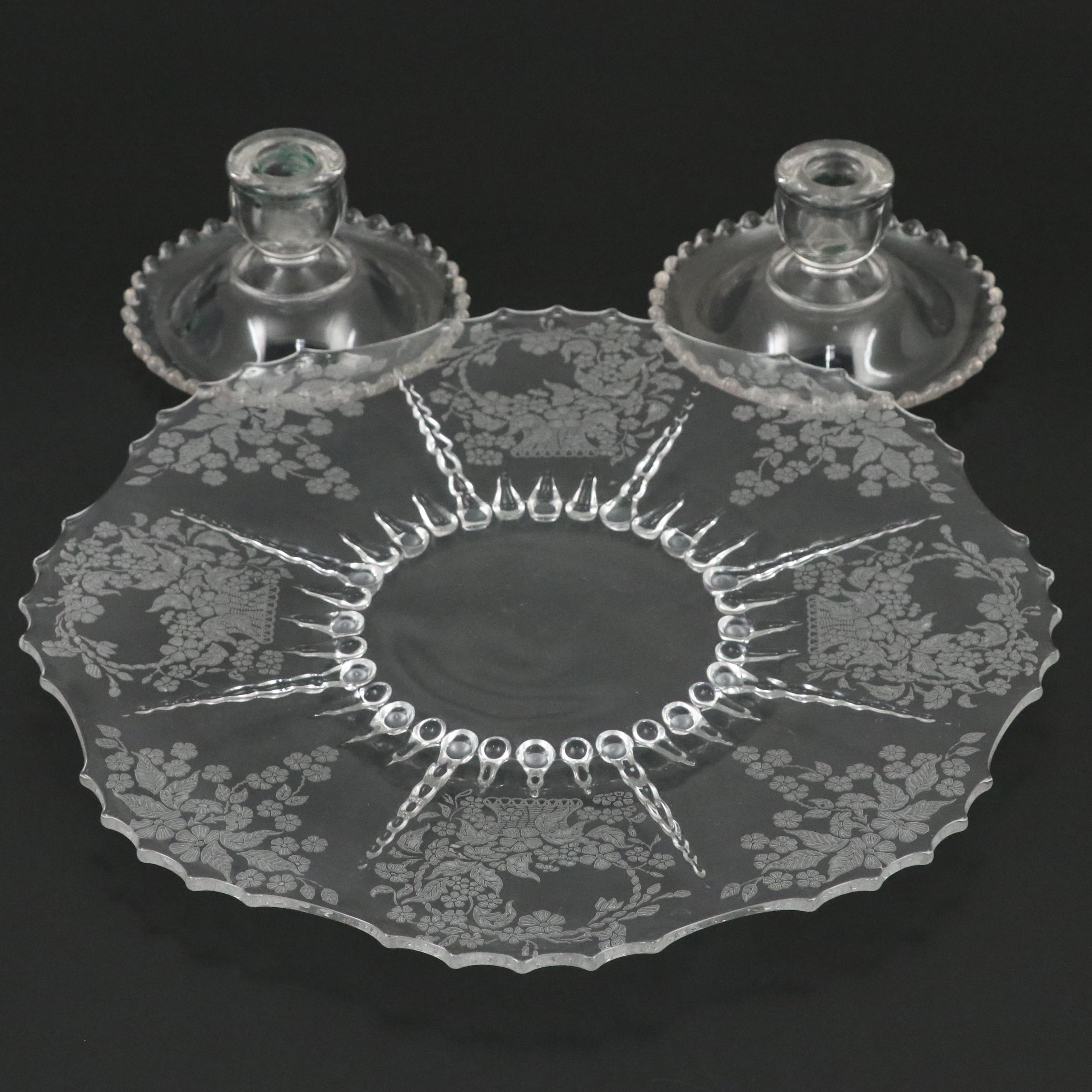 Mew Martinsville "Meadow Wreath" Glass Cake Plate with Imperial Candle Holders
