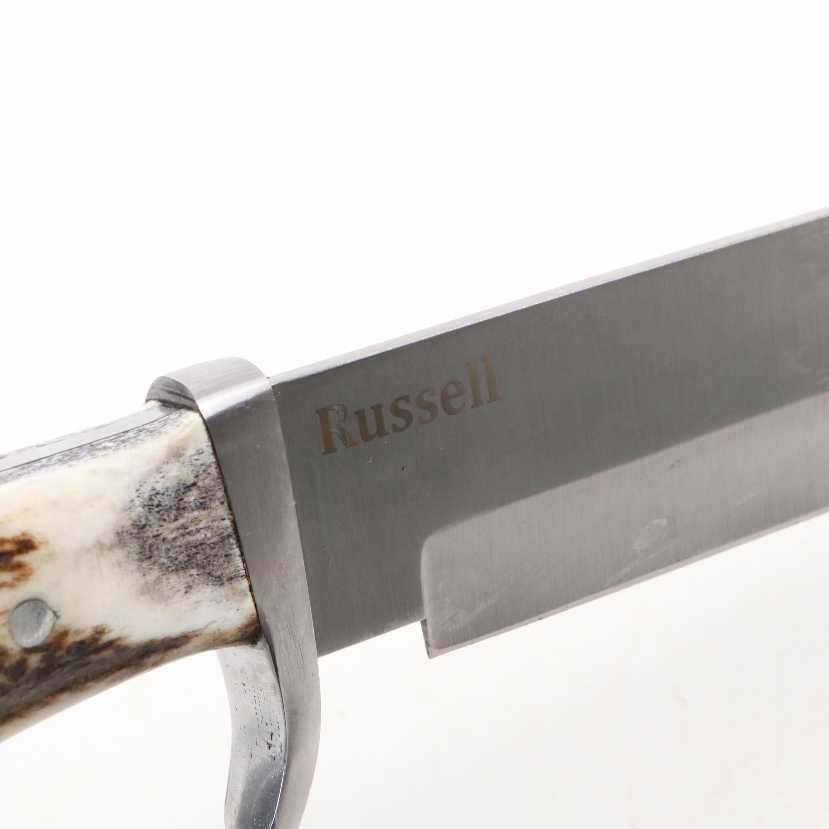 Russell German Stag Handled Bowie Knife in Leather Scabbard