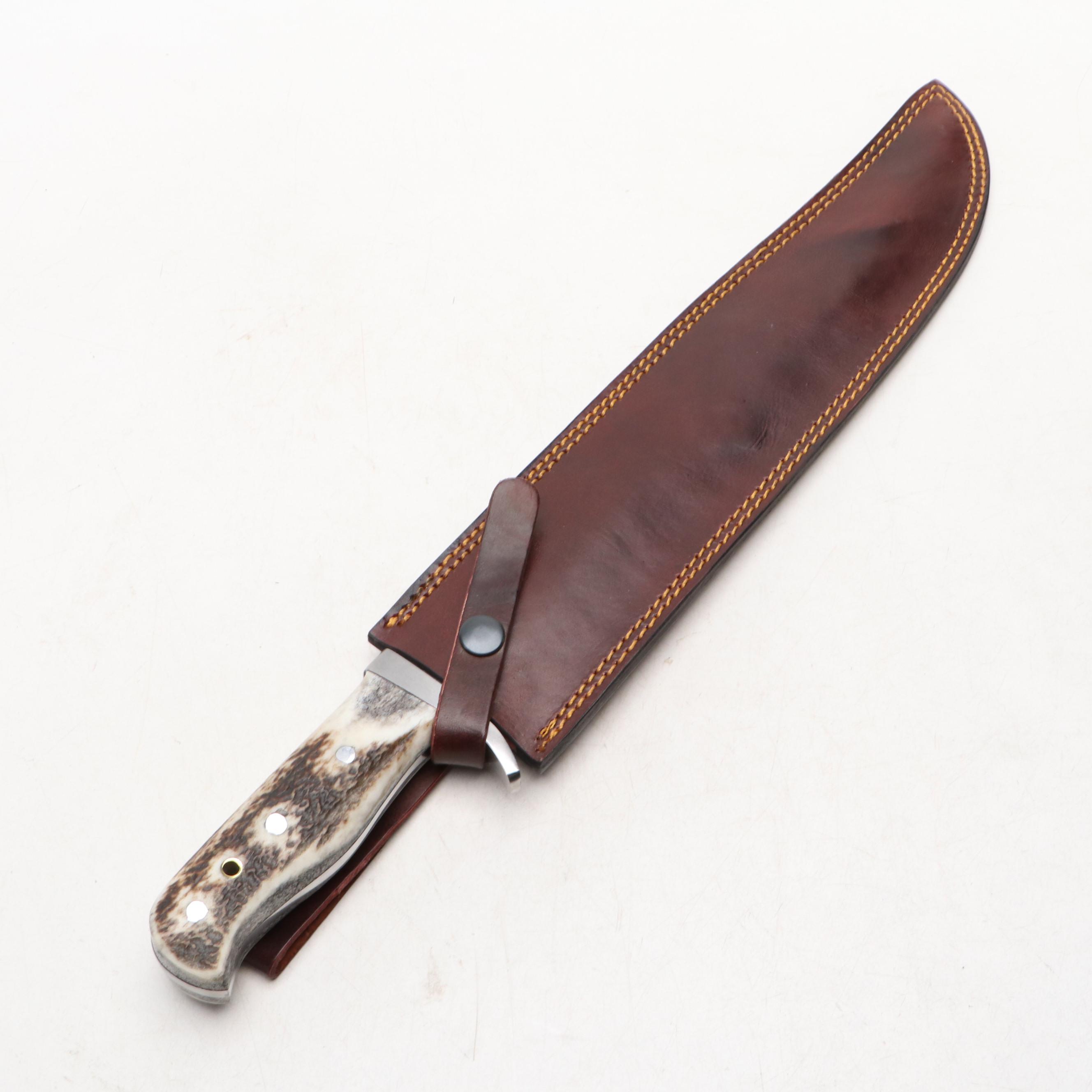 Russell German Stag Handled Bowie Knife in Leather Scabbard
