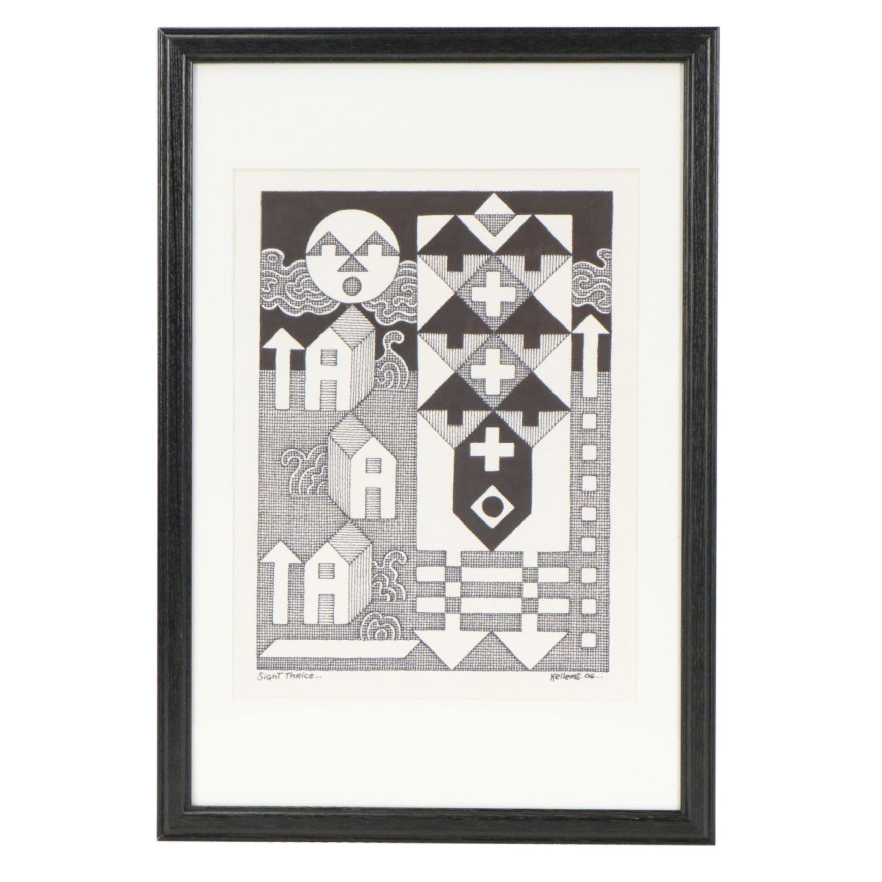 Jerry Kellems Abstract Ink Drawing "Sight Thrice," 2006