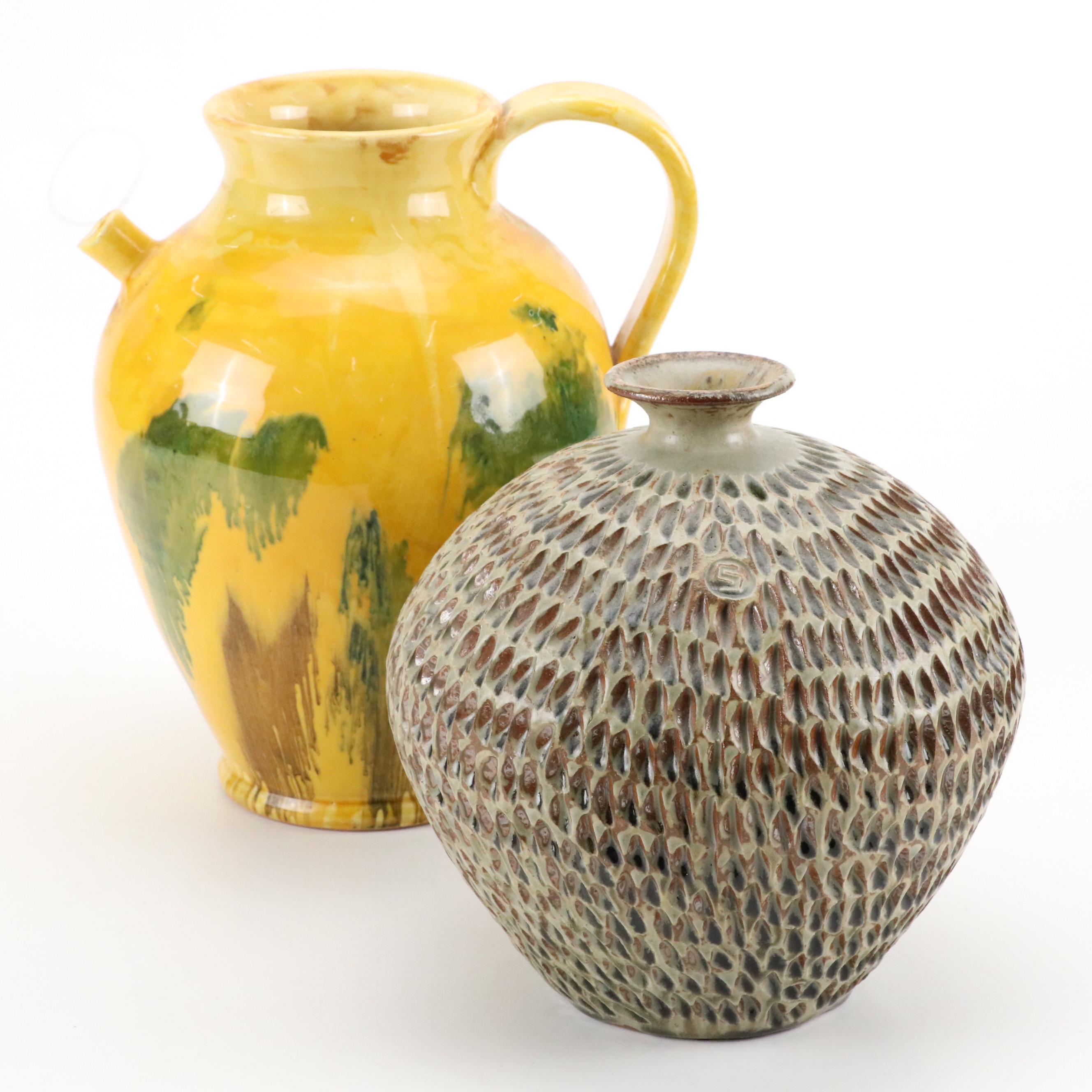 Ceramiche Virginia Terracotta Jug with Sheldon Carey Style Ceramic Vase