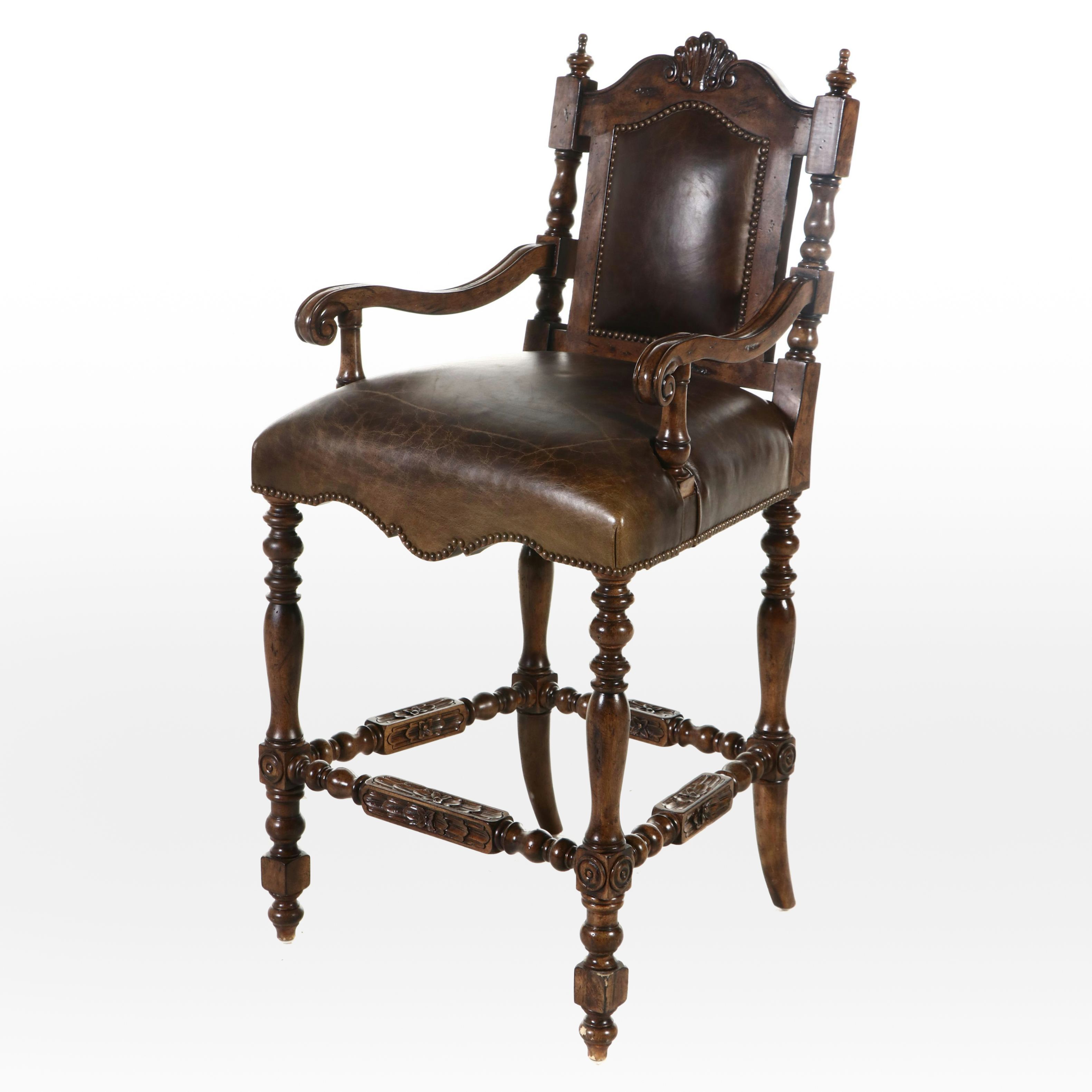 Maitland-Smith French Gothic Style Carved Wood and Leather Barstool