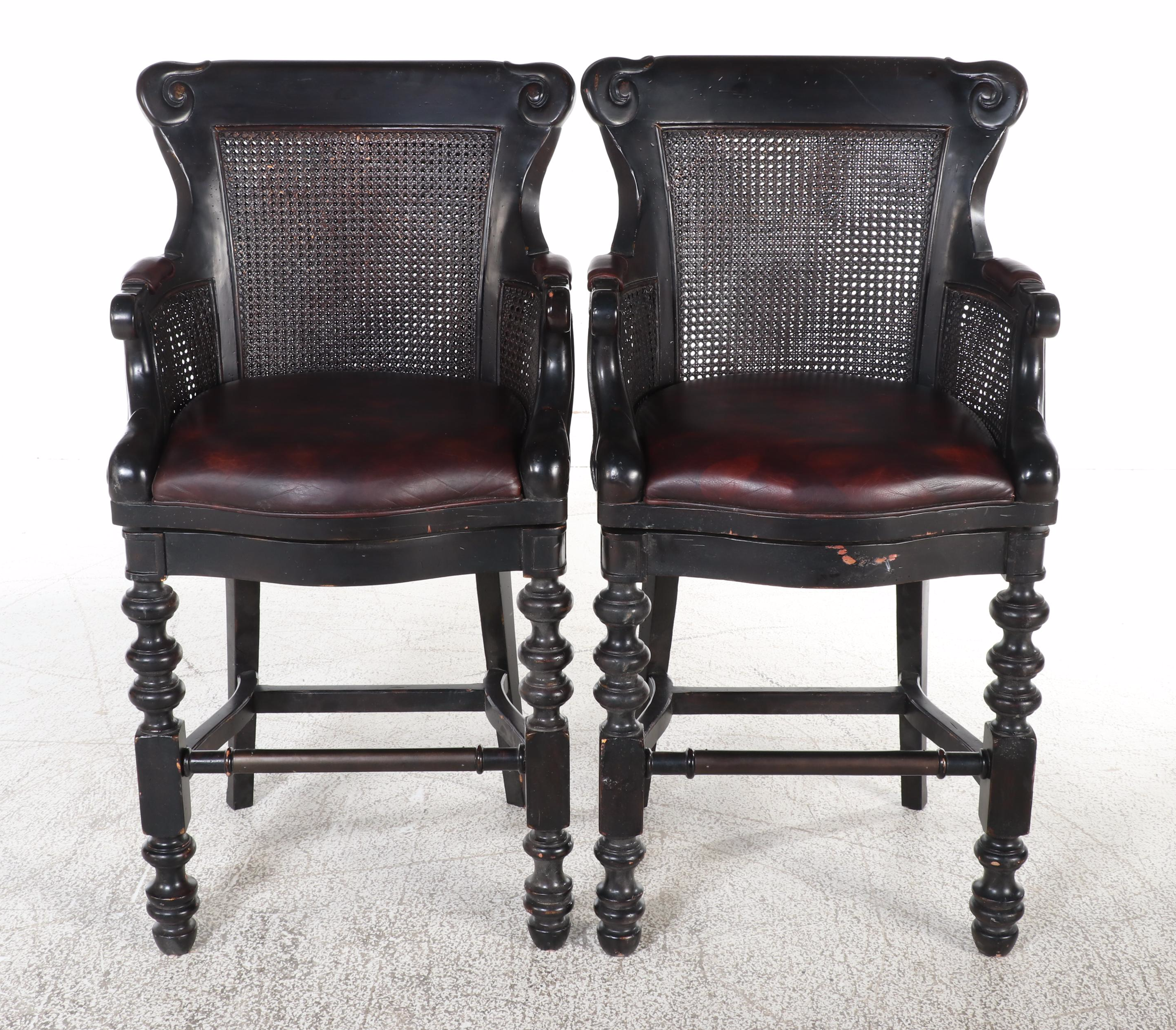 Four Tommy Bahama Home "Dunkirk" Leather Swivel Bar Stools in Dark Brown Finish