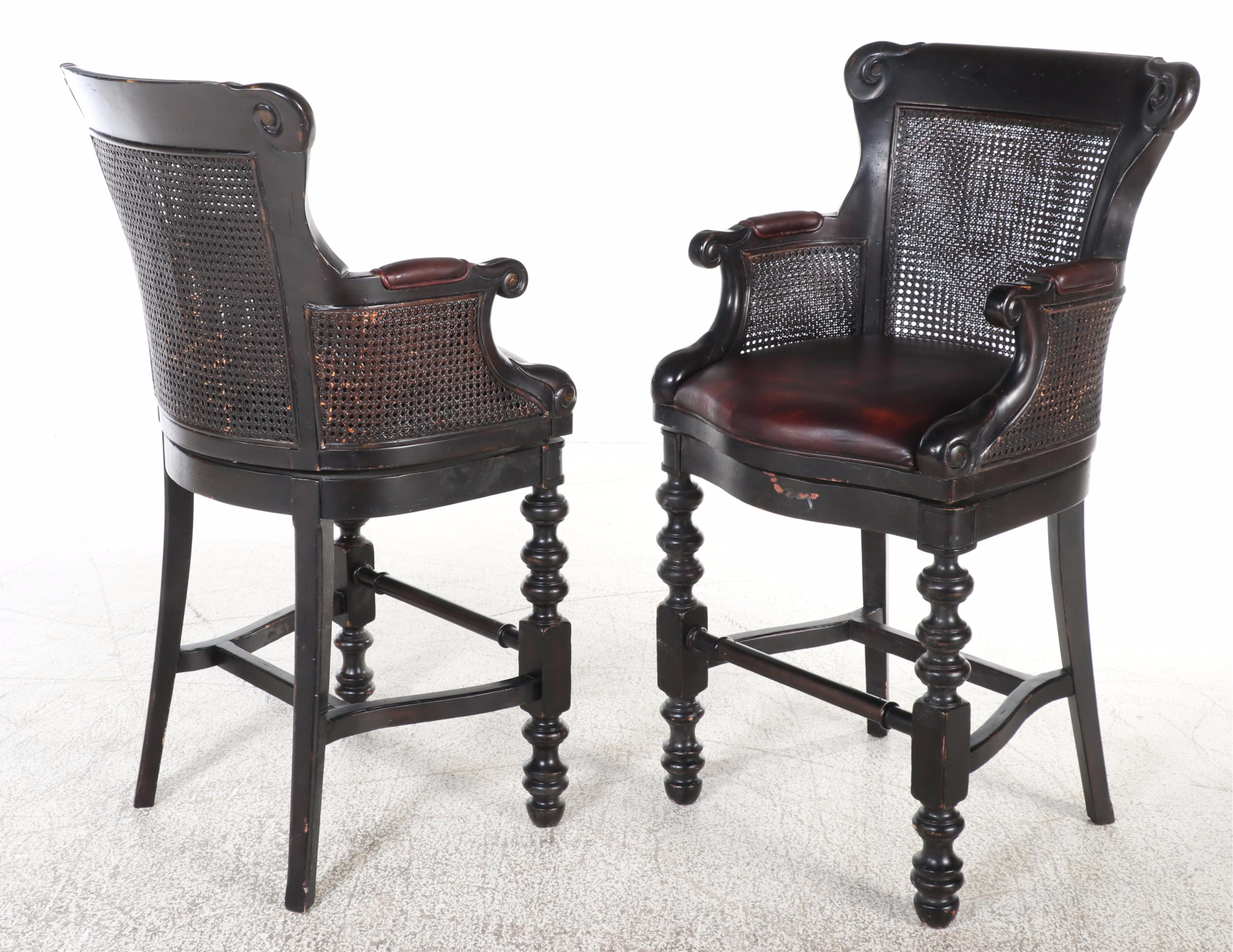 Four Tommy Bahama Home "Dunkirk" Leather Swivel Bar Stools in Dark Brown Finish