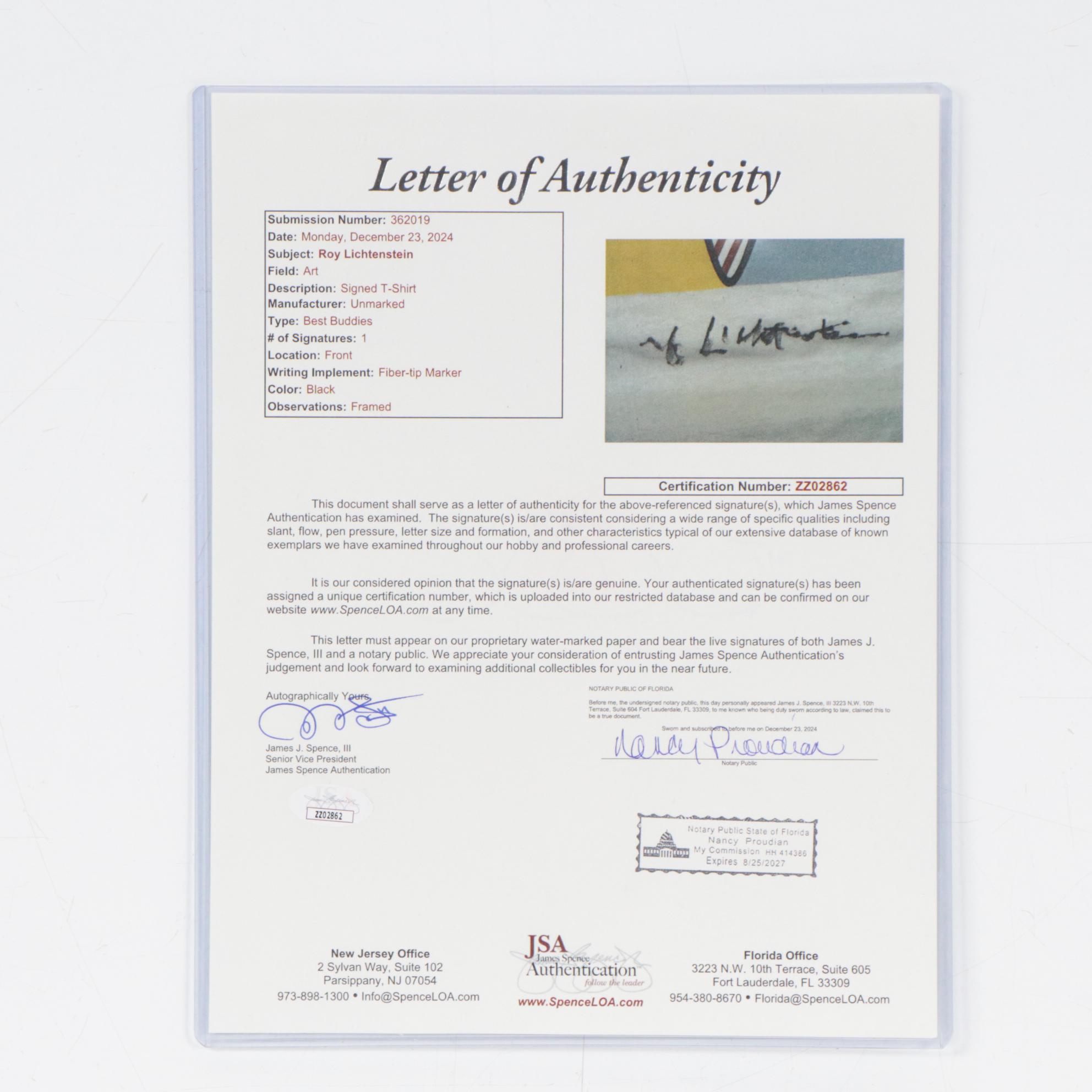 Signed Roy Lichtenstein Serigraph T-Shirt "Best Buddies Study," JSA