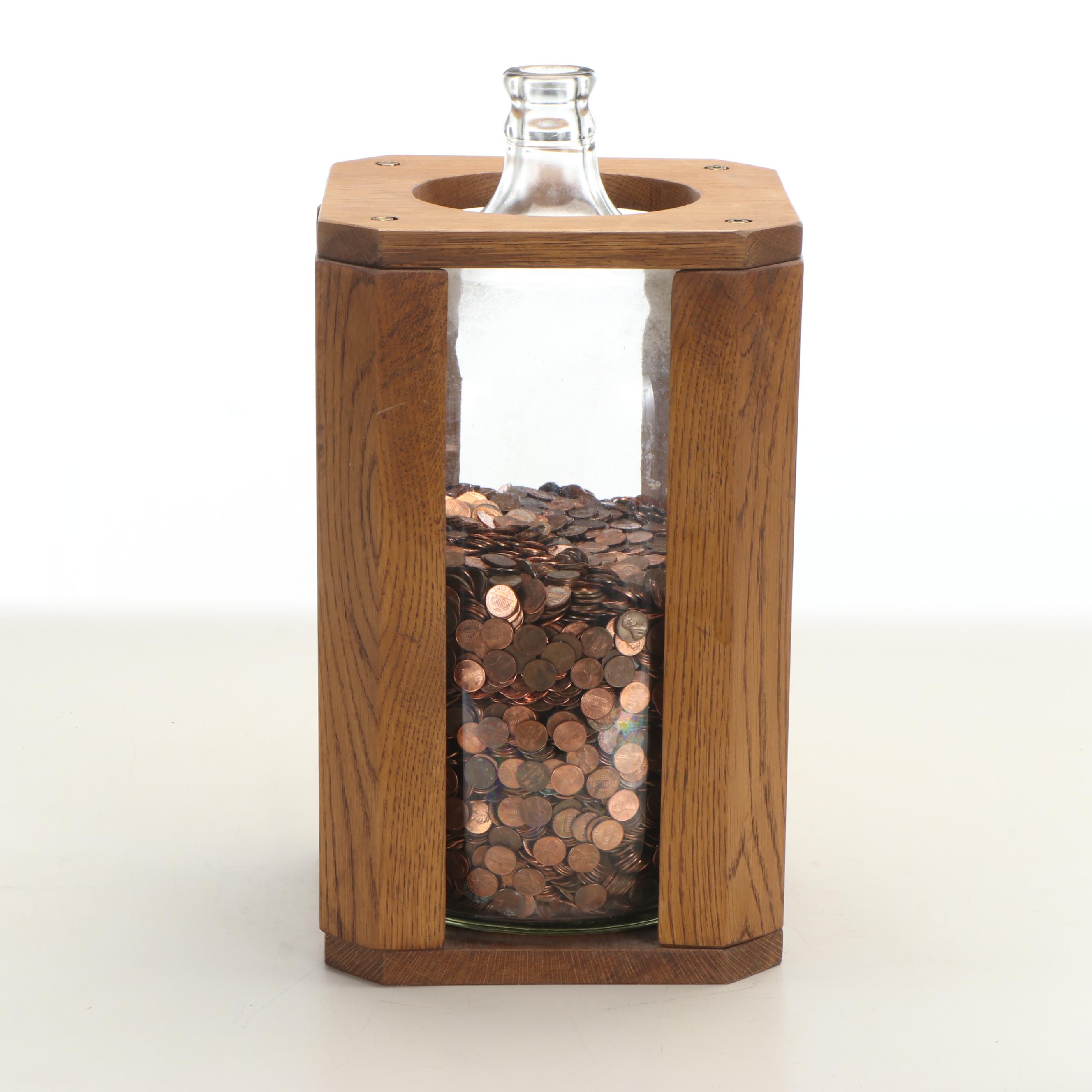 Wooden Bound Glass Carboy with Pennies