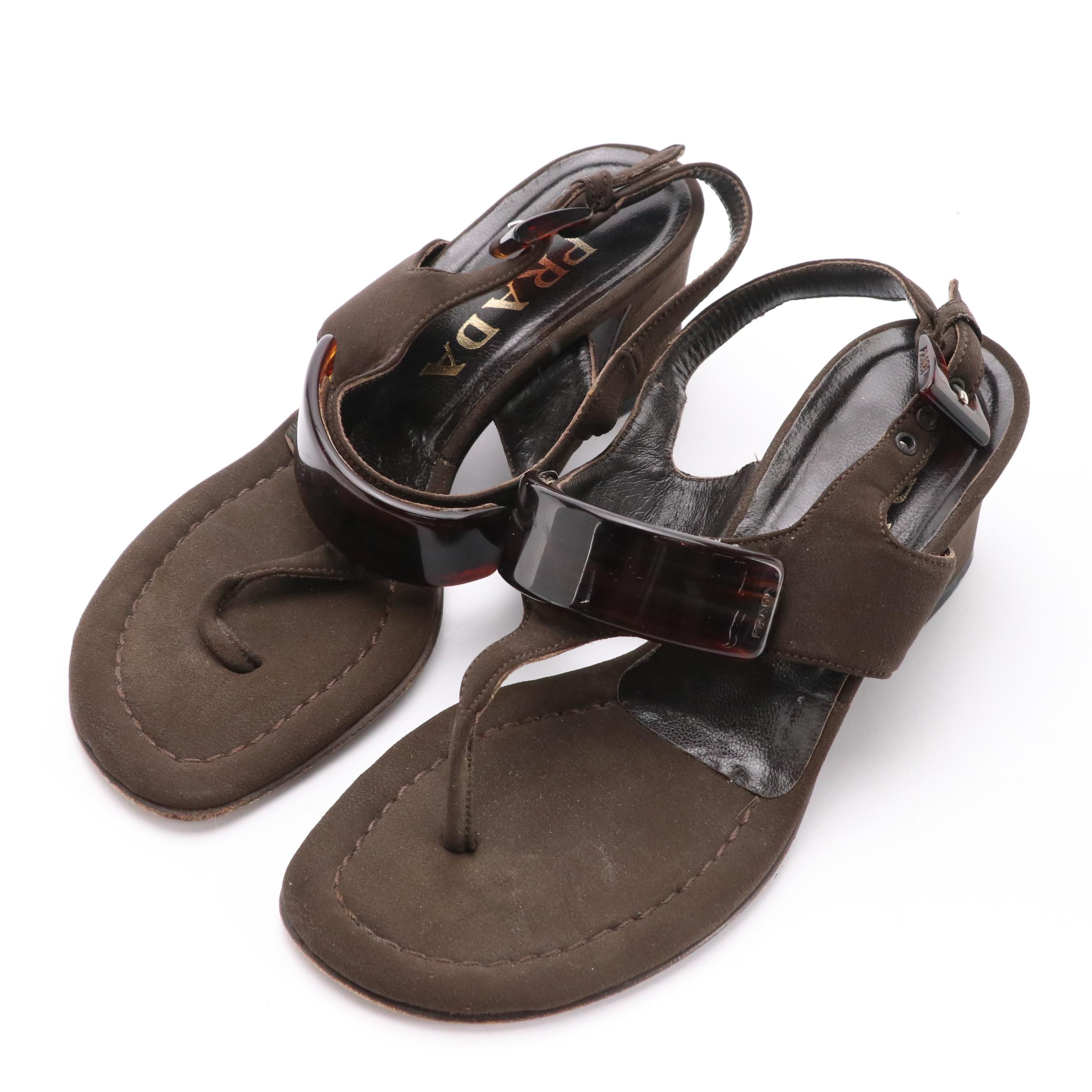 Prada Block Heel Ankle Strap Thong Sandals in Brown