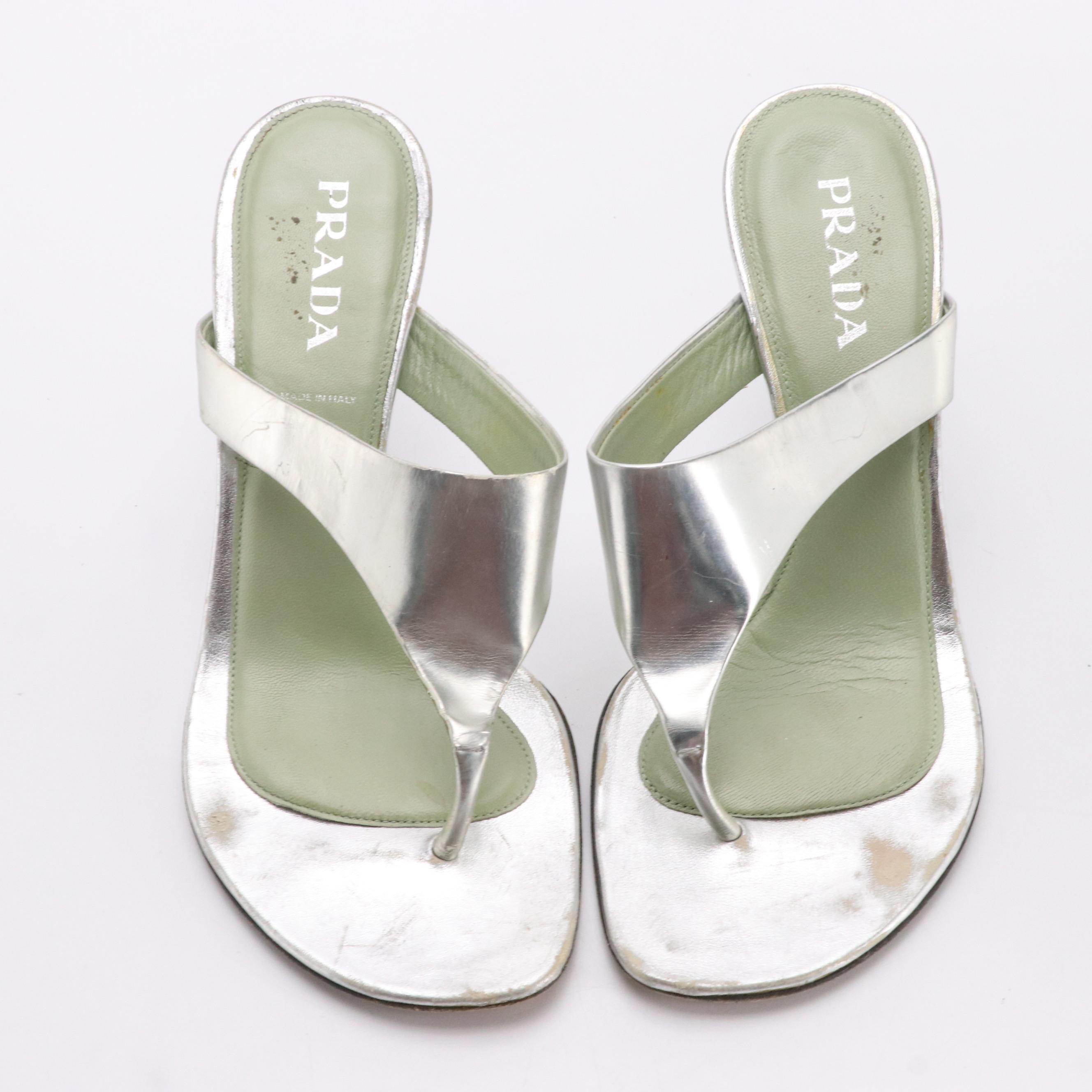 Prada Heeled Mules in Metallic Silver Patent Leather