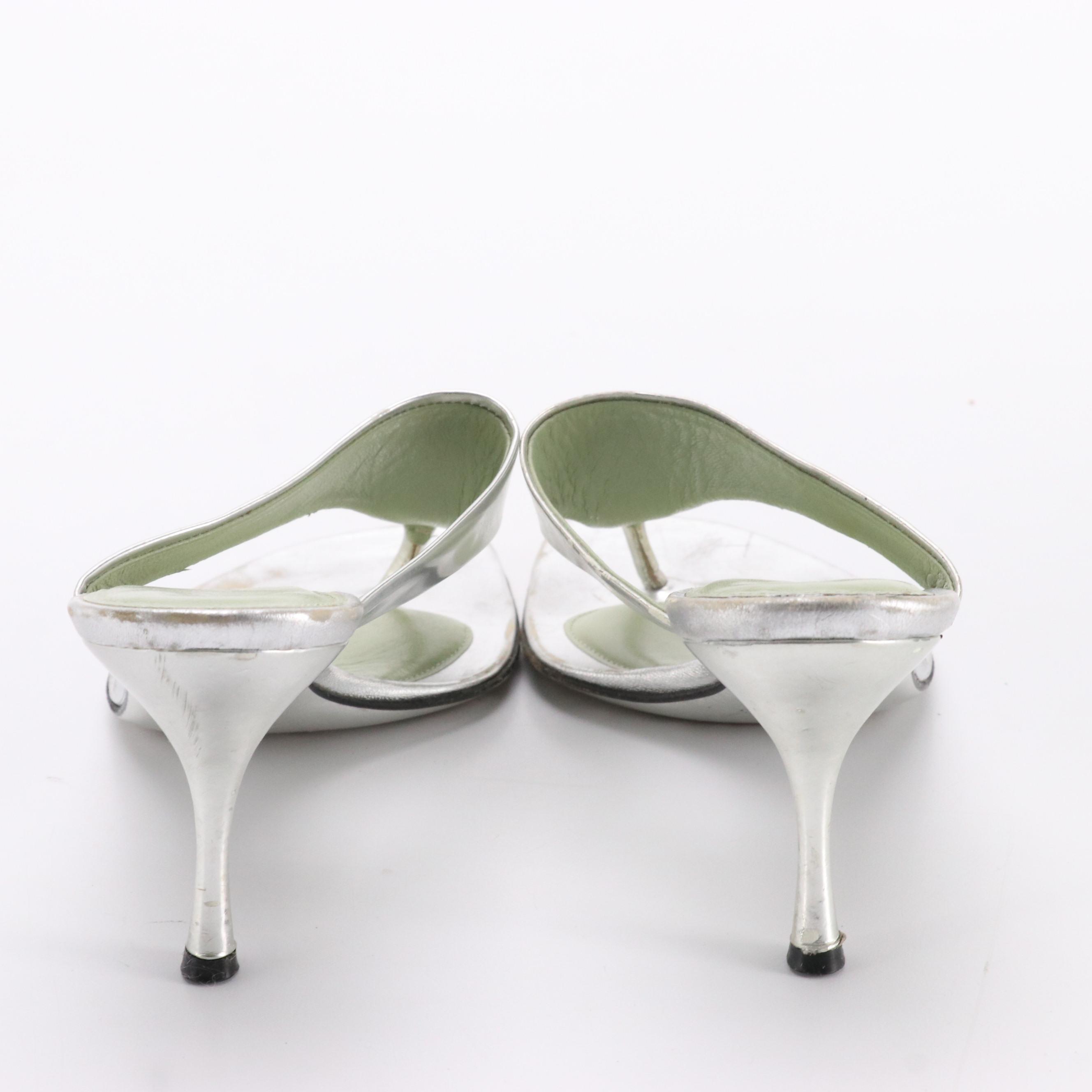 Prada Heeled Mules in Metallic Silver Patent Leather