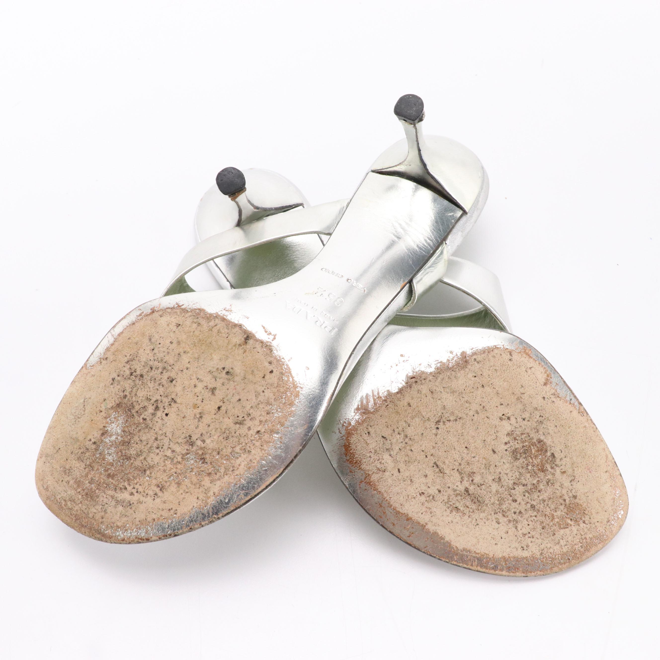 Prada Heeled Mules in Metallic Silver Patent Leather