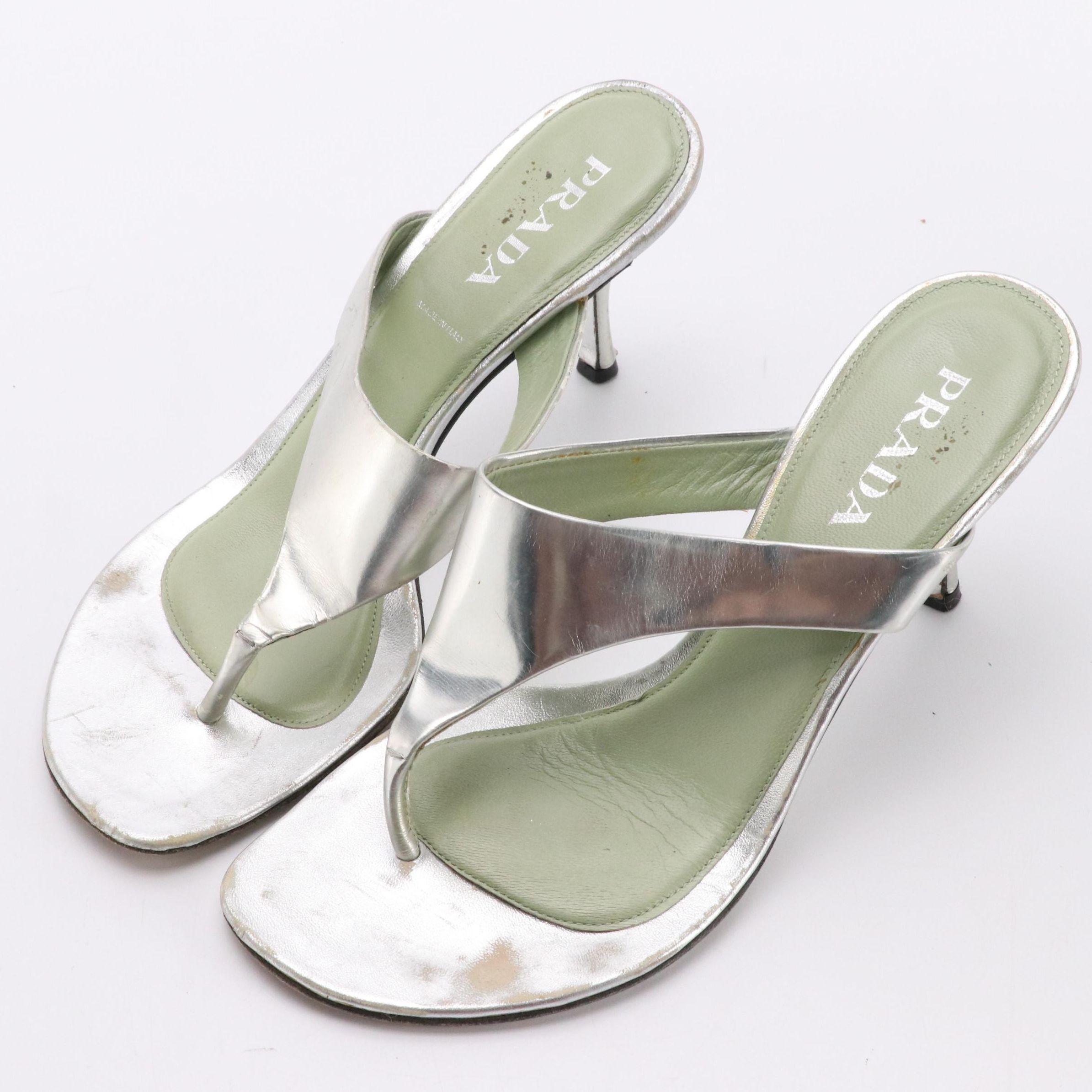 Prada Heeled Mules in Metallic Silver Patent Leather