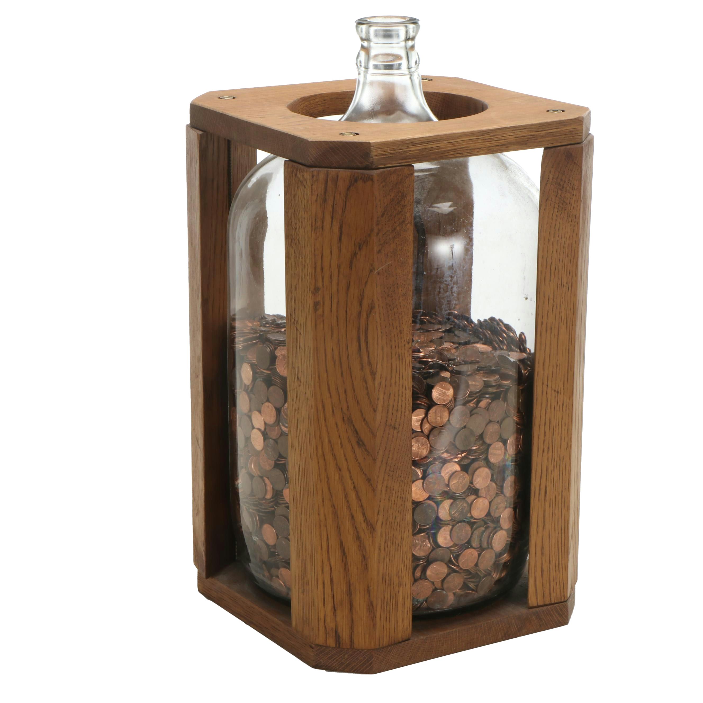 Wooden Bound Glass Carboy with Pennies