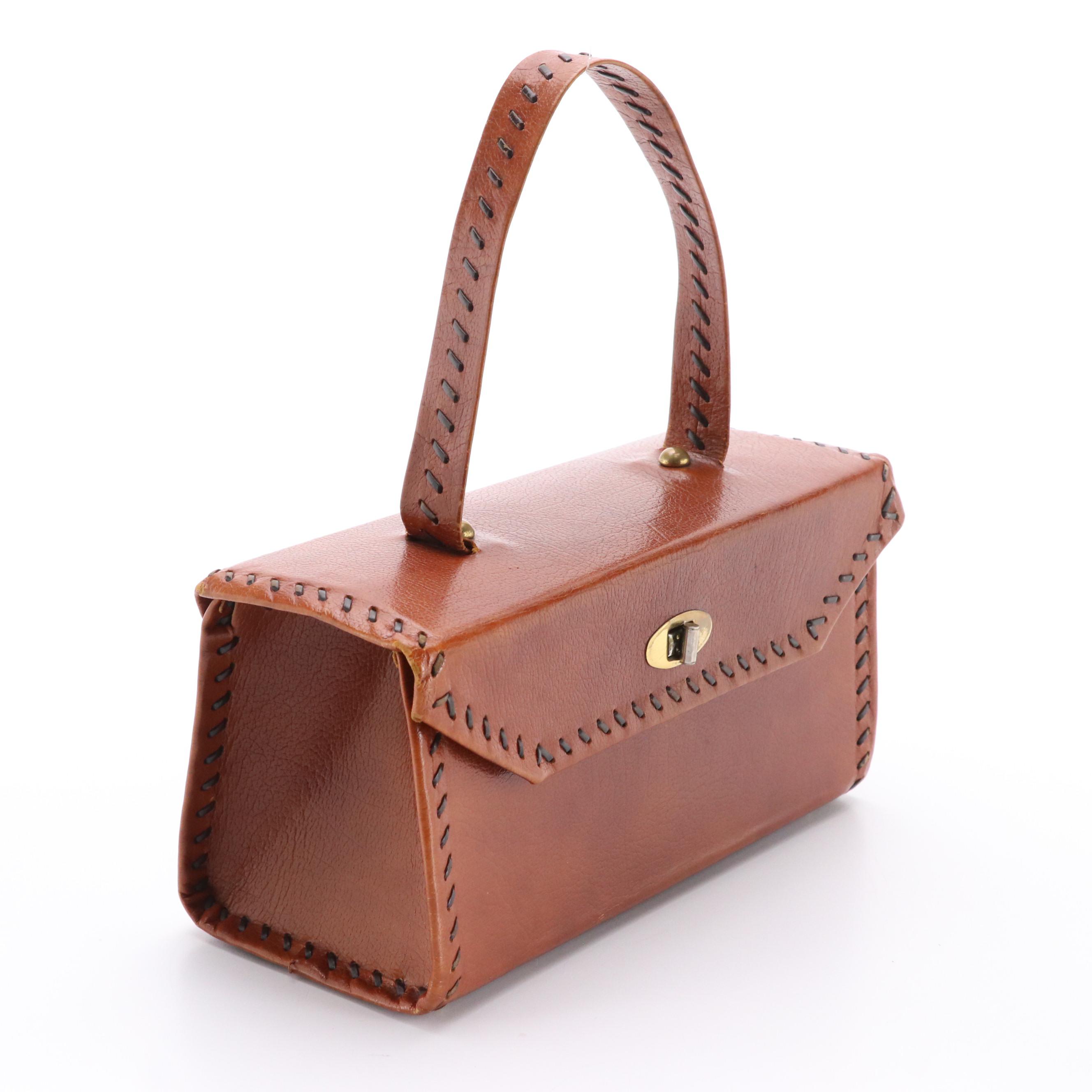 Vintage Brown Leather Studded Whip Stitch Handbag