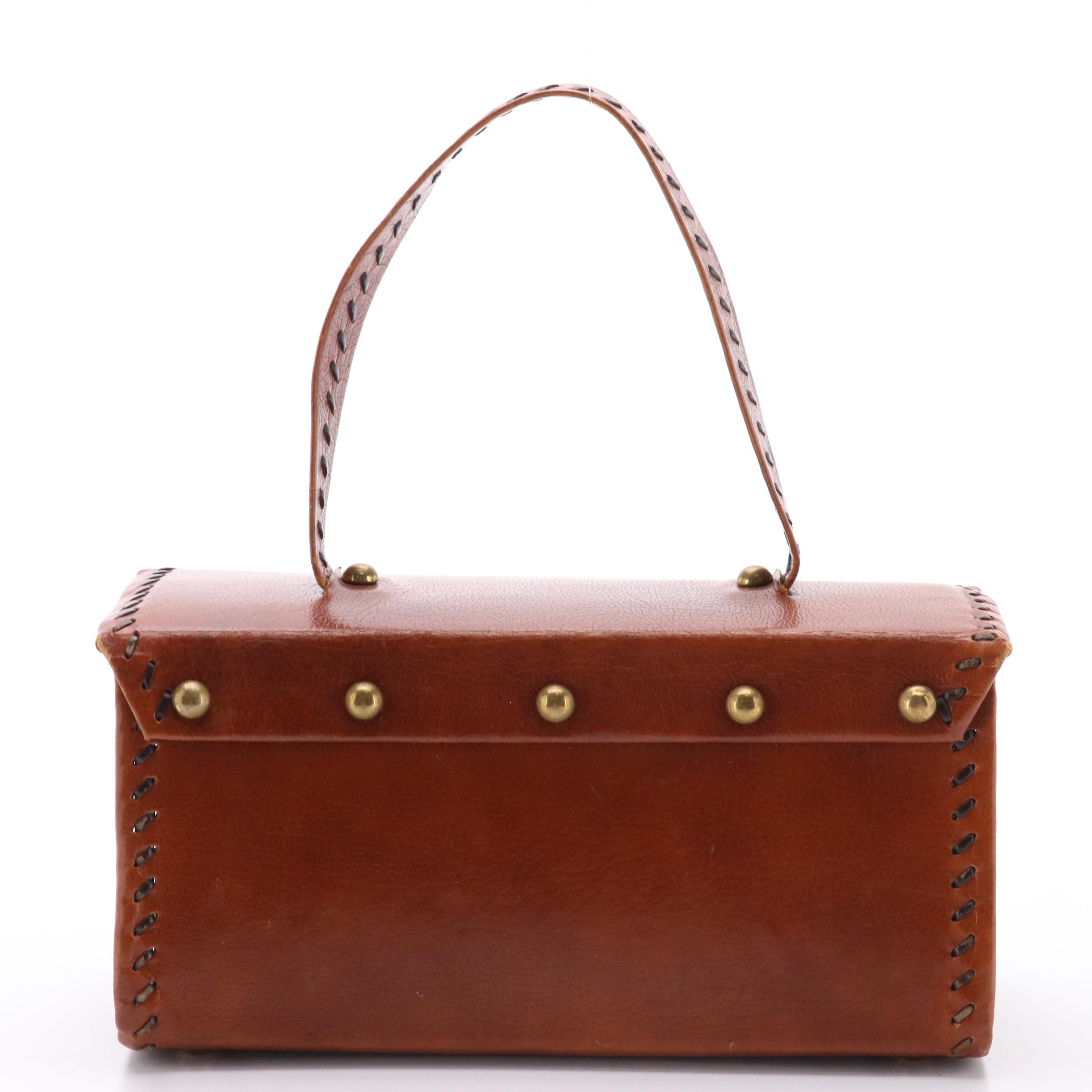 Vintage Brown Leather Studded Whip Stitch Handbag