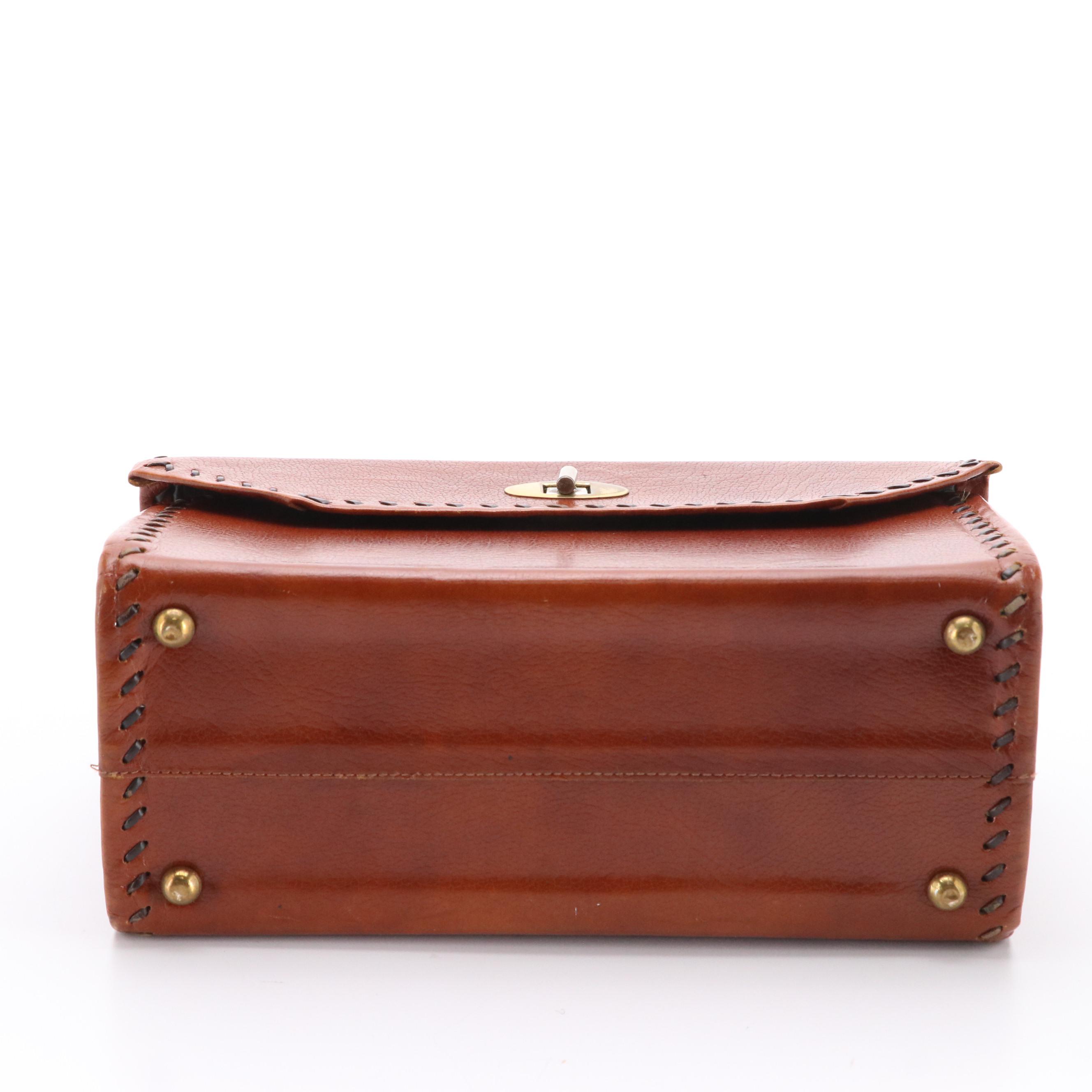 Vintage Brown Leather Studded Whip Stitch Handbag