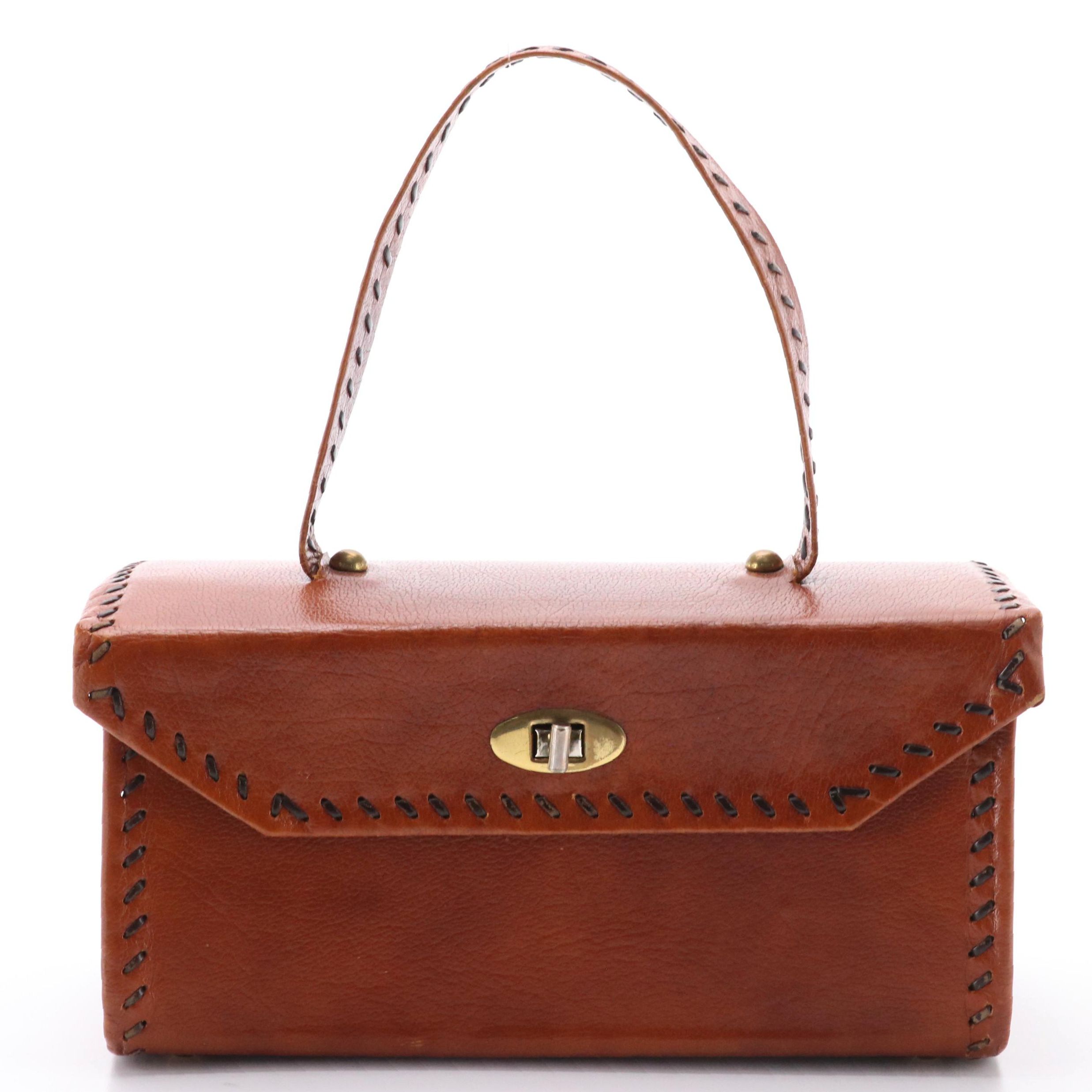 Vintage Brown Leather Studded Whip Stitch Handbag