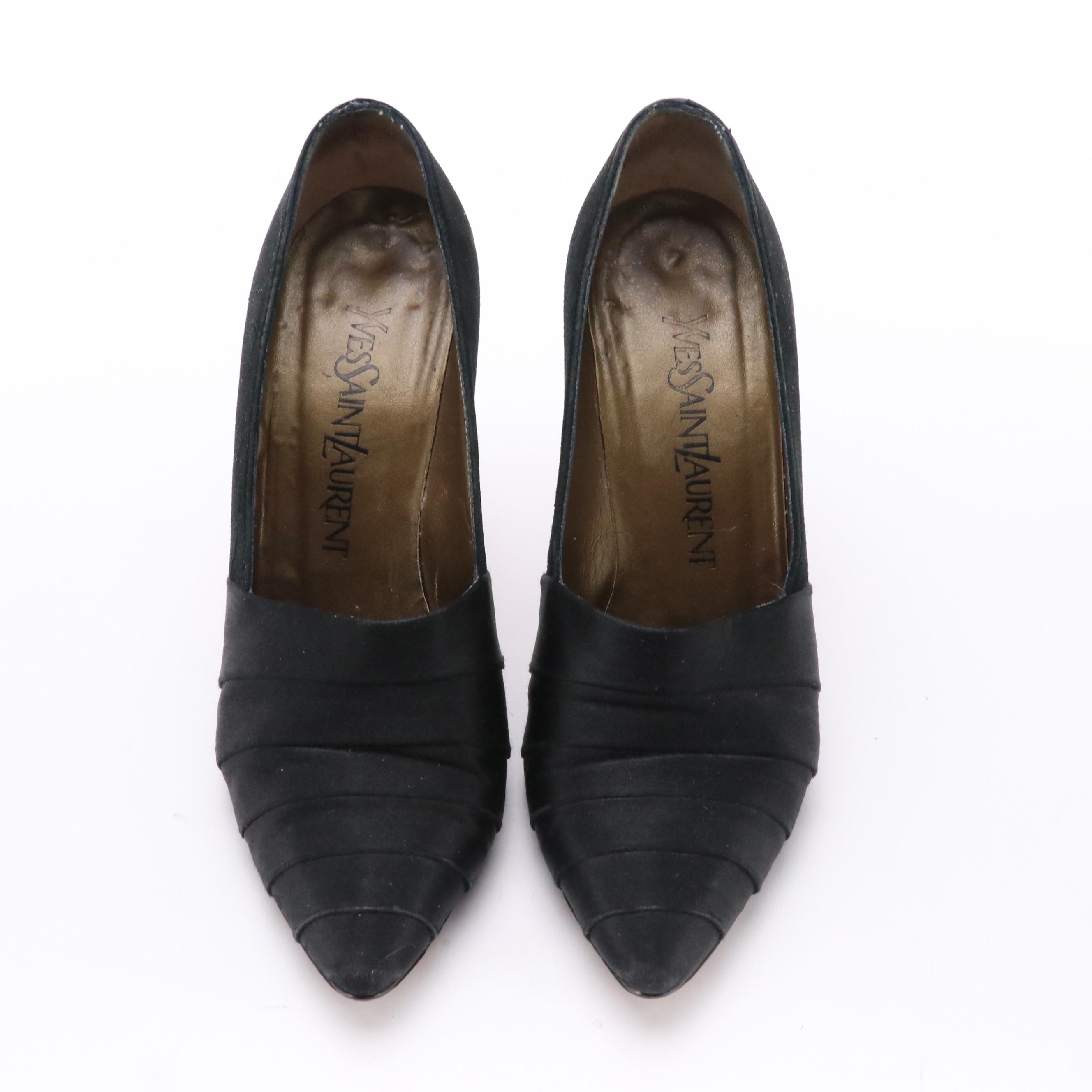 Yves Saint Laurent Vintage Suede Pointed-Toe Pumps with Pleated Satin Accents