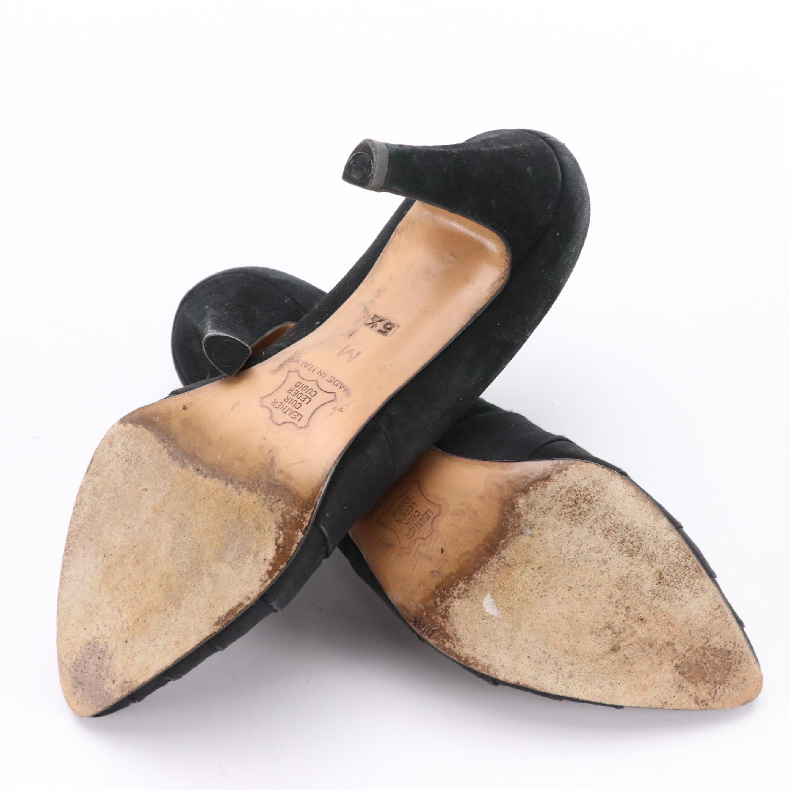 Yves Saint Laurent Vintage Suede Pointed-Toe Pumps with Pleated Satin Accents