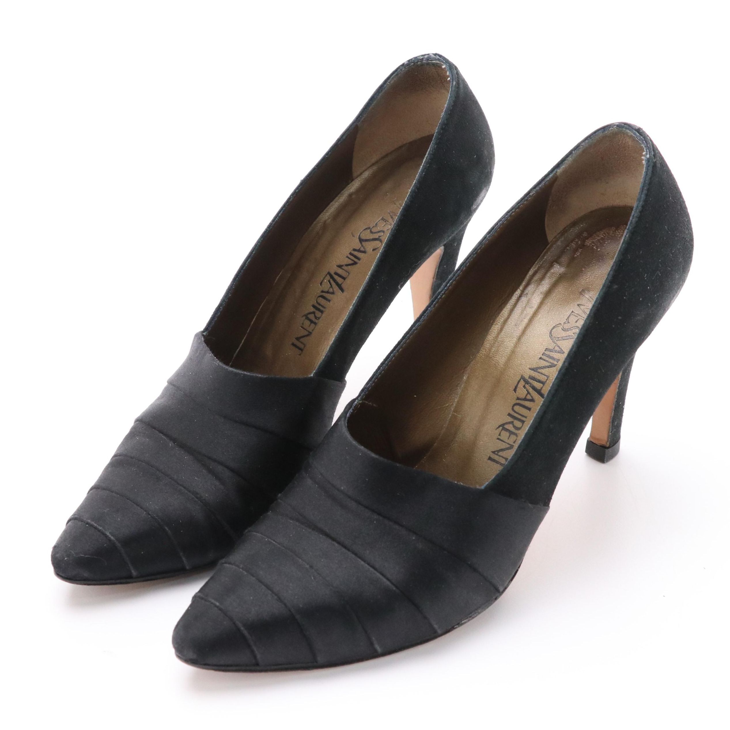 Yves Saint Laurent Vintage Suede Pointed-Toe Pumps with Pleated Satin Accents