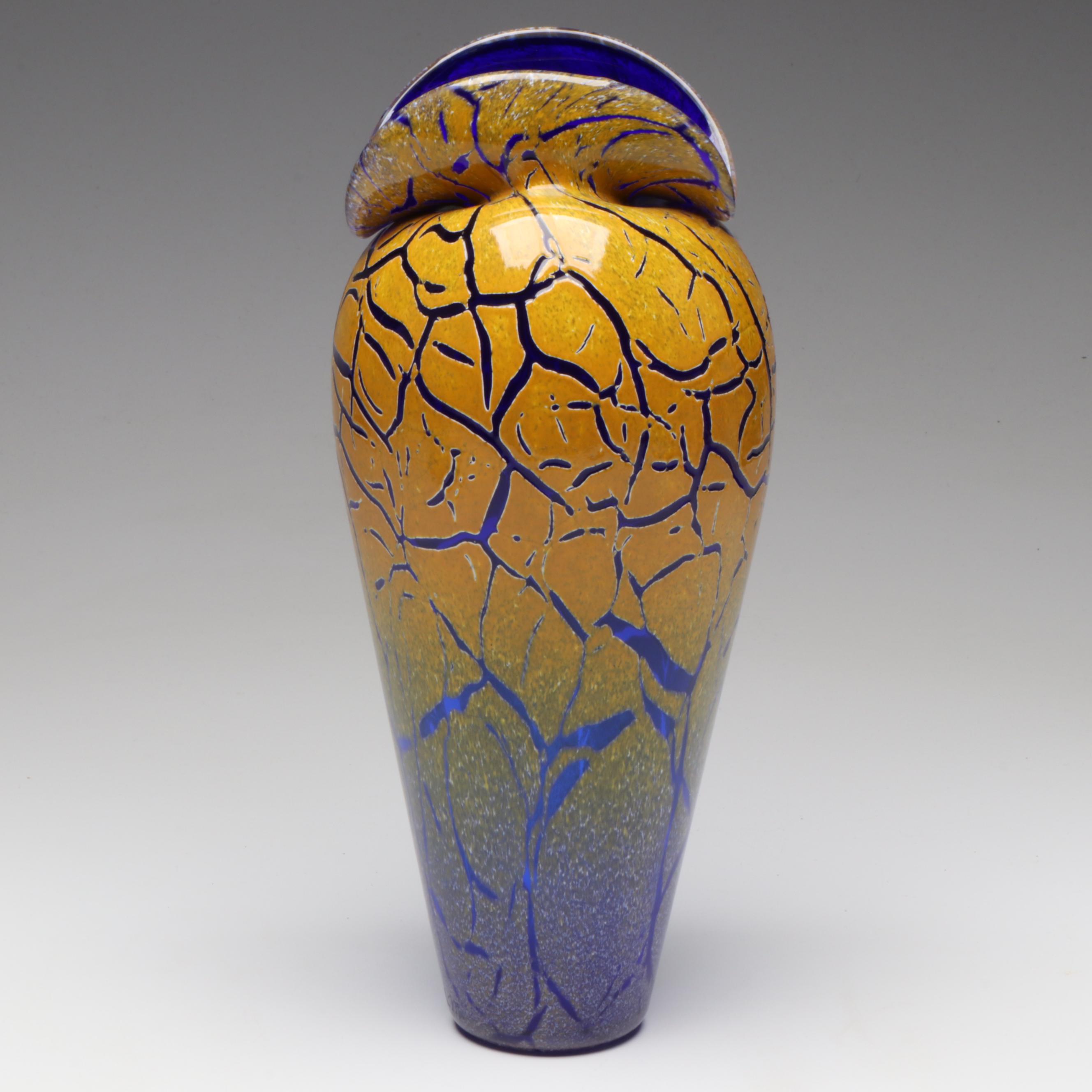 John Miller Handblown Cobalt Blue and Ochre Studio Art Glass Crackle Vase, 2007