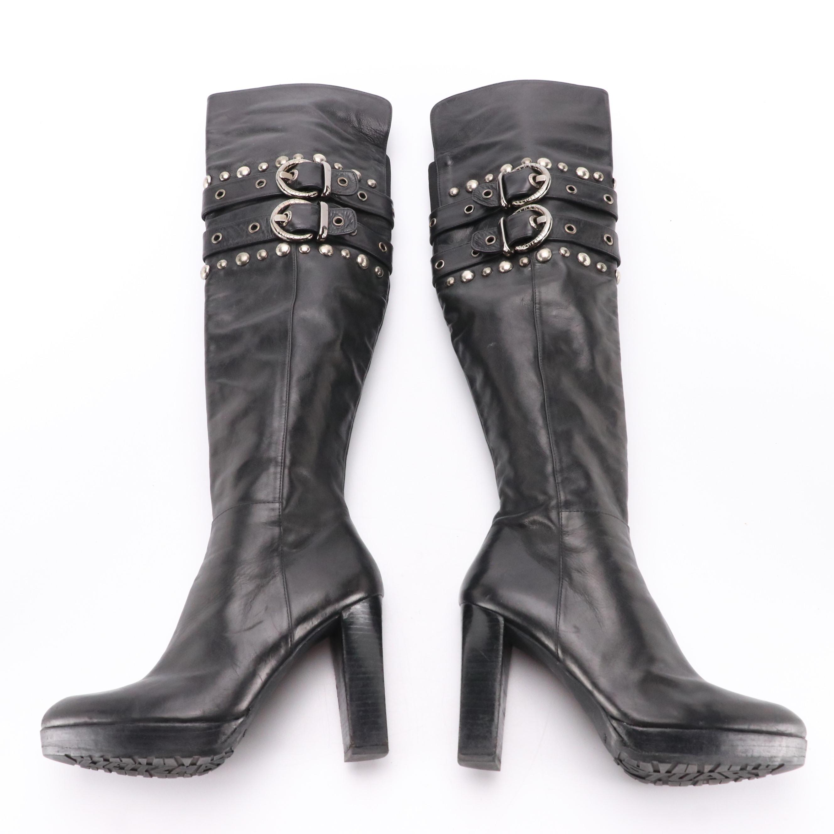 Stuart Weitzman Black Leather Stud and Buckle Embellished Tall Platform Boots