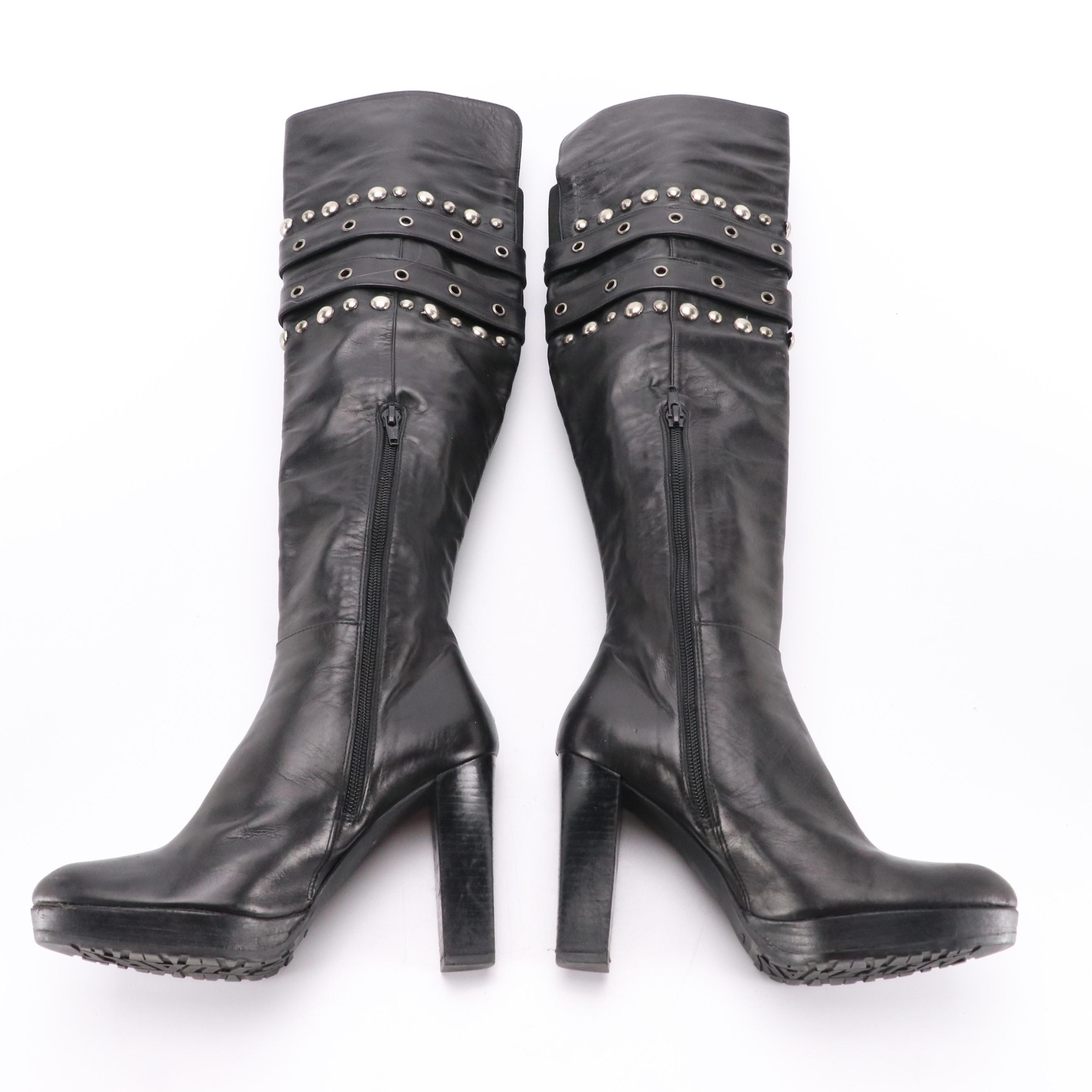 Stuart Weitzman Black Leather Stud and Buckle Embellished Tall Platform Boots