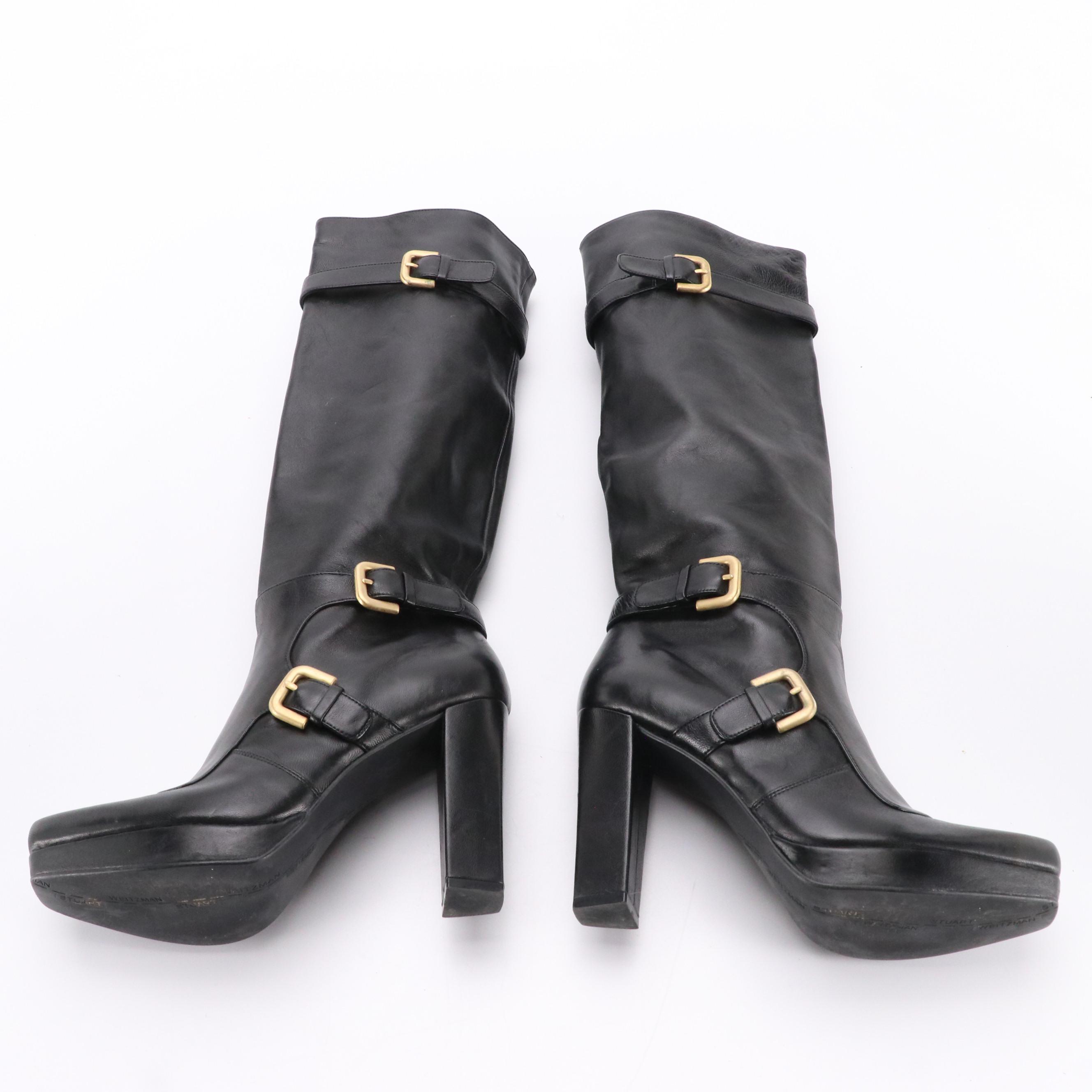 Stuart Weitzman Black Leather Stud and Buckle Embellished Tall Platform Boots