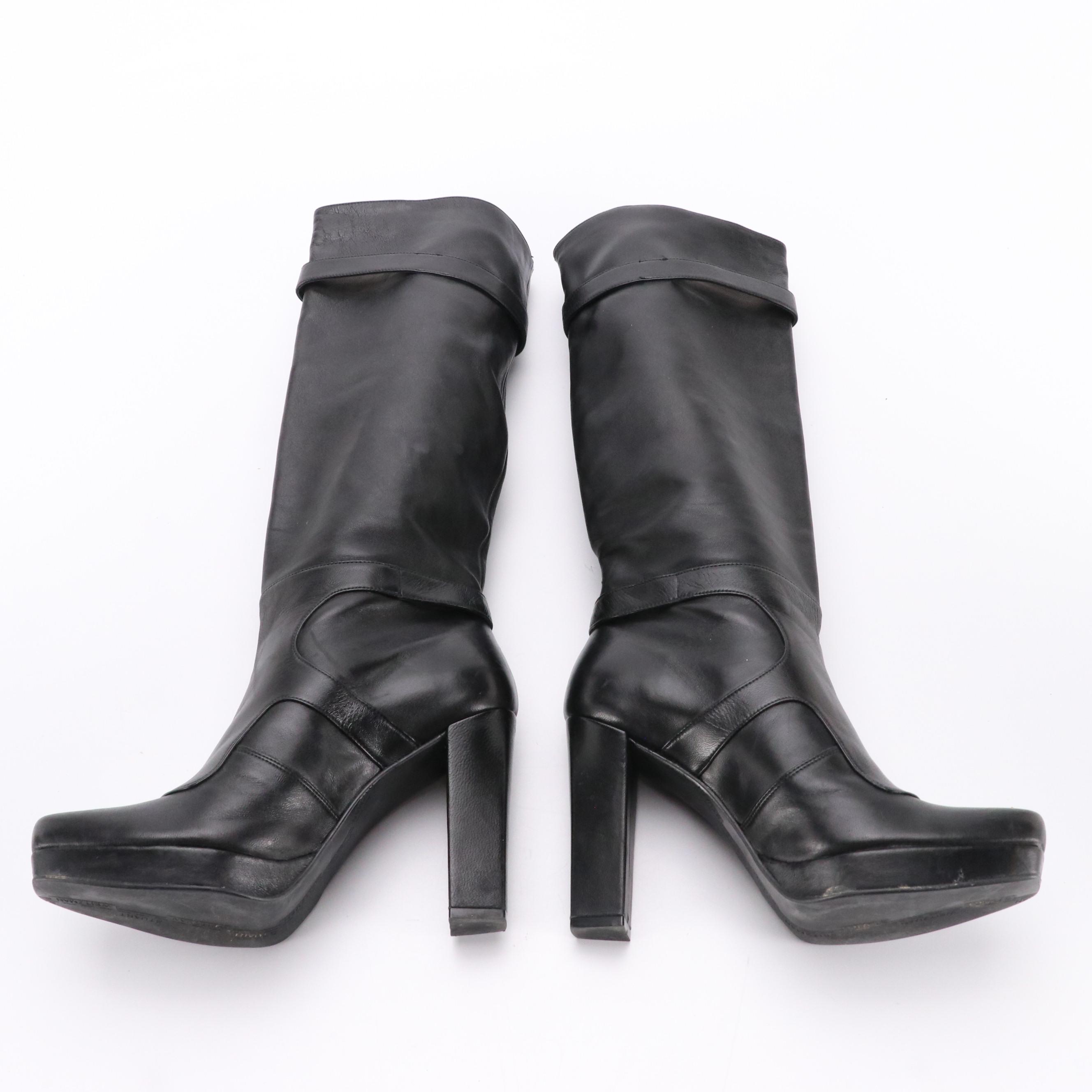 Stuart Weitzman Black Leather Stud and Buckle Embellished Tall Platform Boots