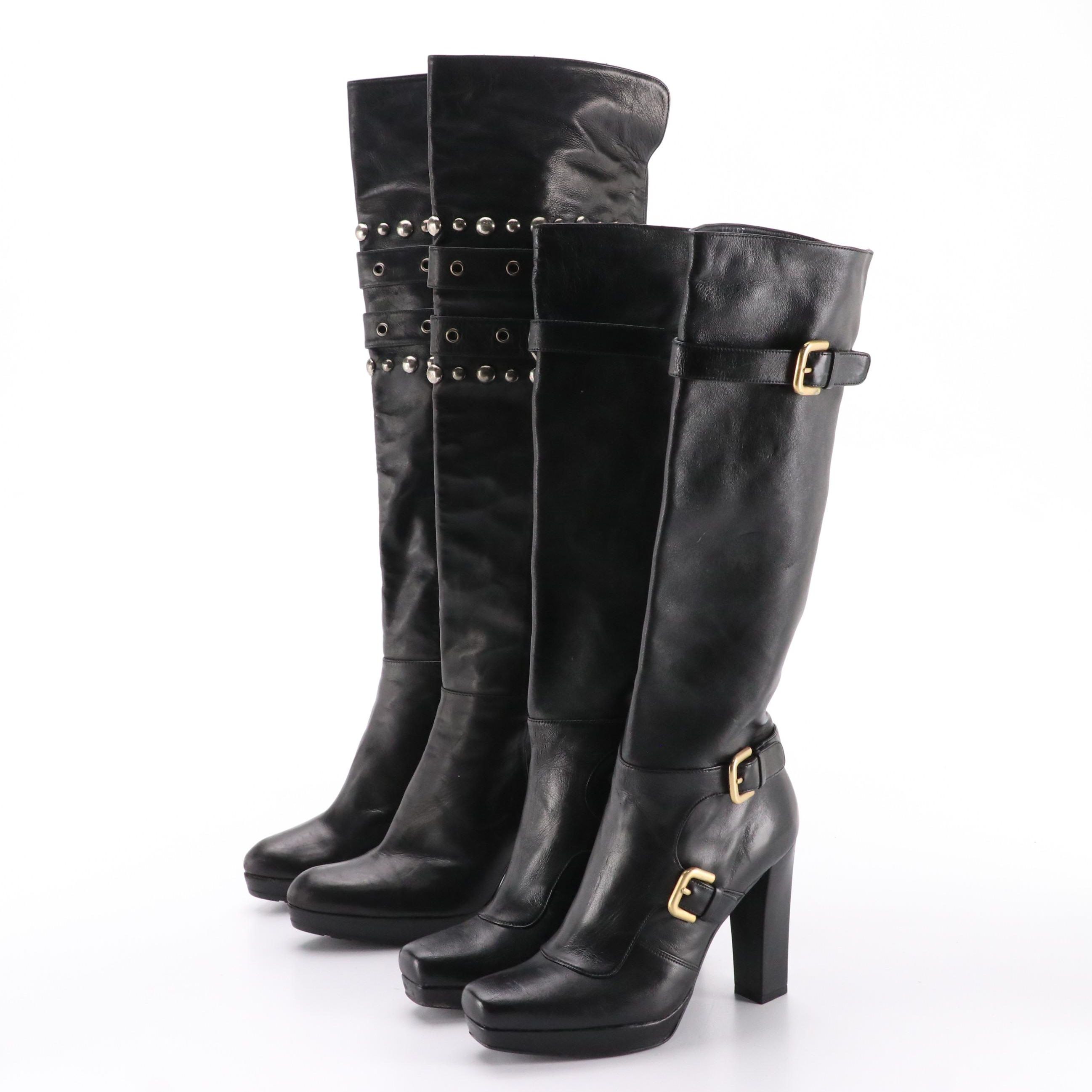 Stuart Weitzman Black Leather Stud and Buckle Embellished Tall Platform Boots