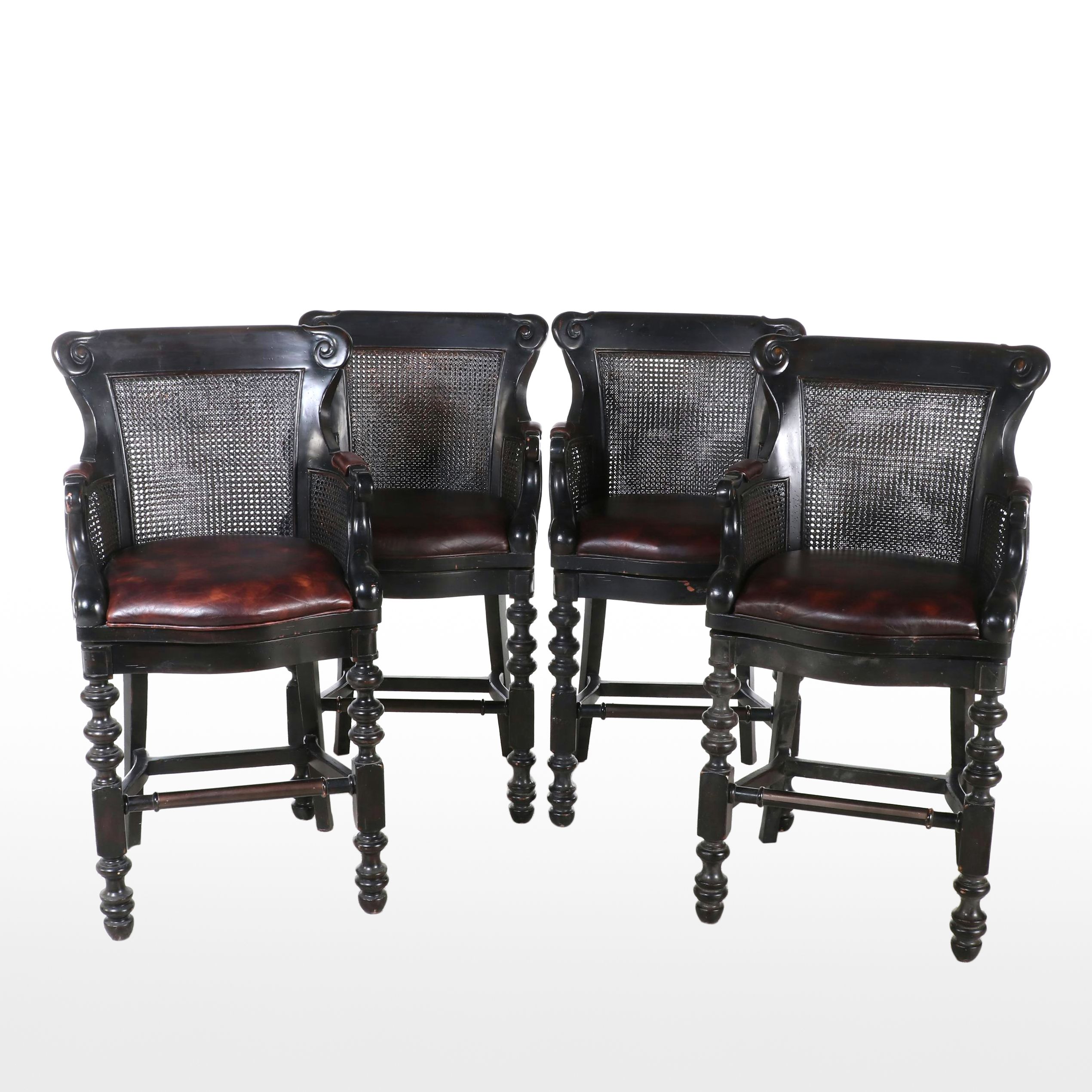 Four Tommy Bahama Home "Dunkirk" Leather Swivel Bar Stools in Dark Brown Finish