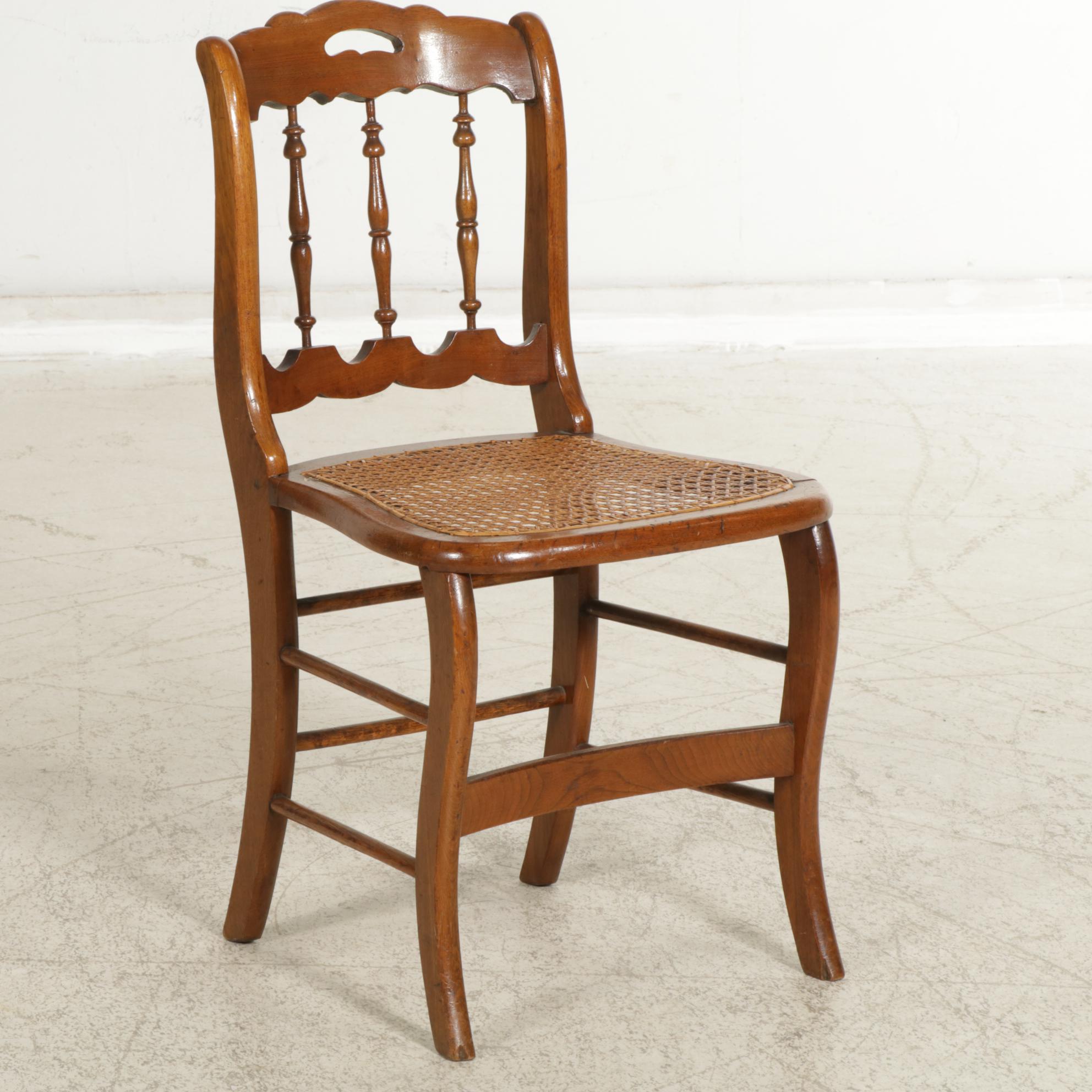 Victorian Walnut Cane Seat Spindle Back Side Chairs, Four, Early 20th Century