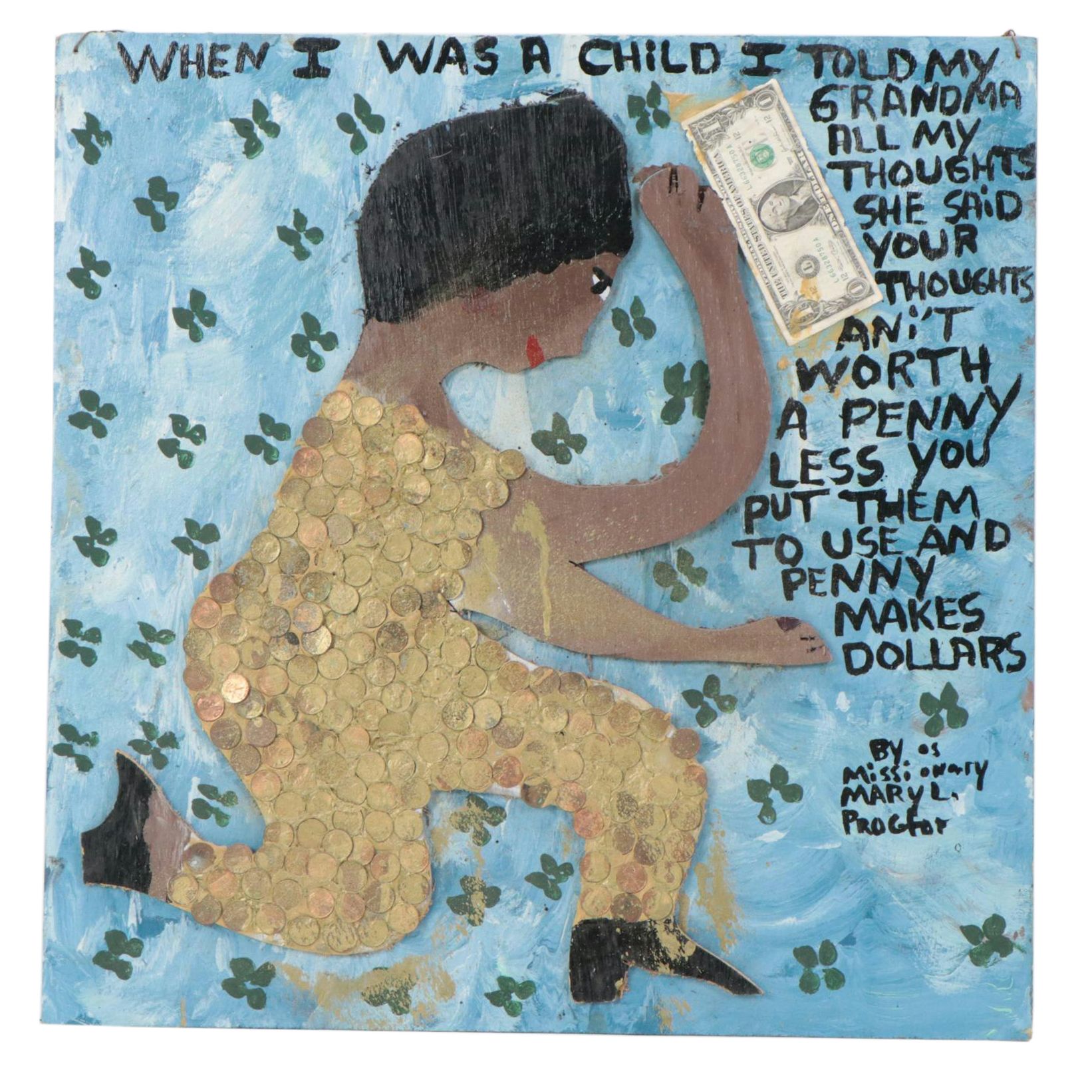 Mary Proctor Mixed Media Figural Folk Collage, 1990s