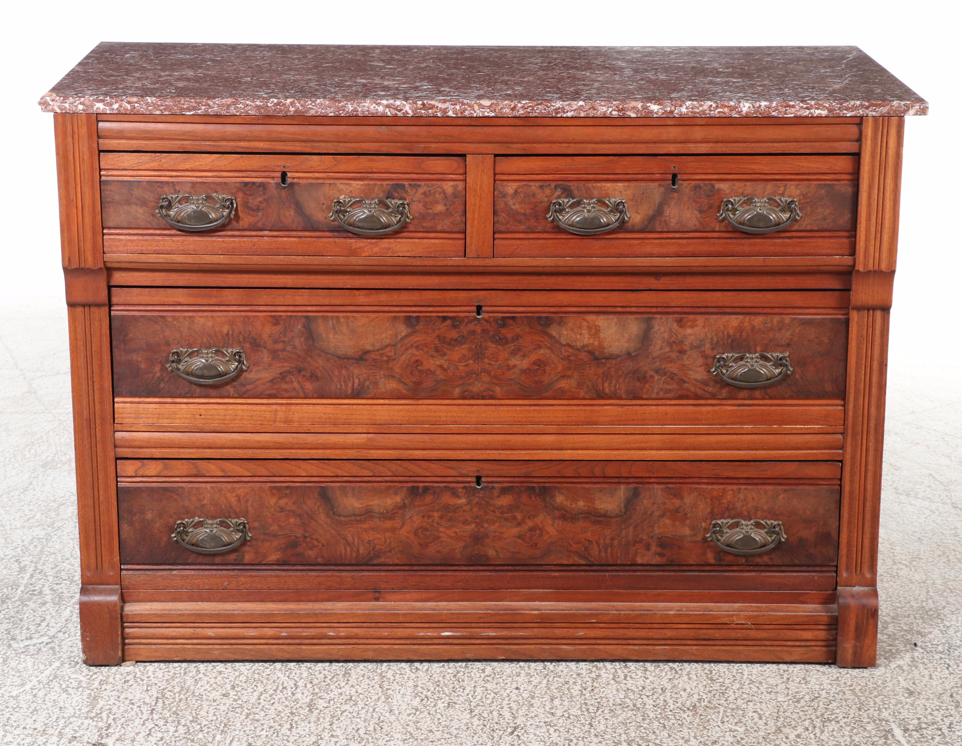 Victorian Walnut, Burl Walnut, and Marble Top Four-Drawer Chest