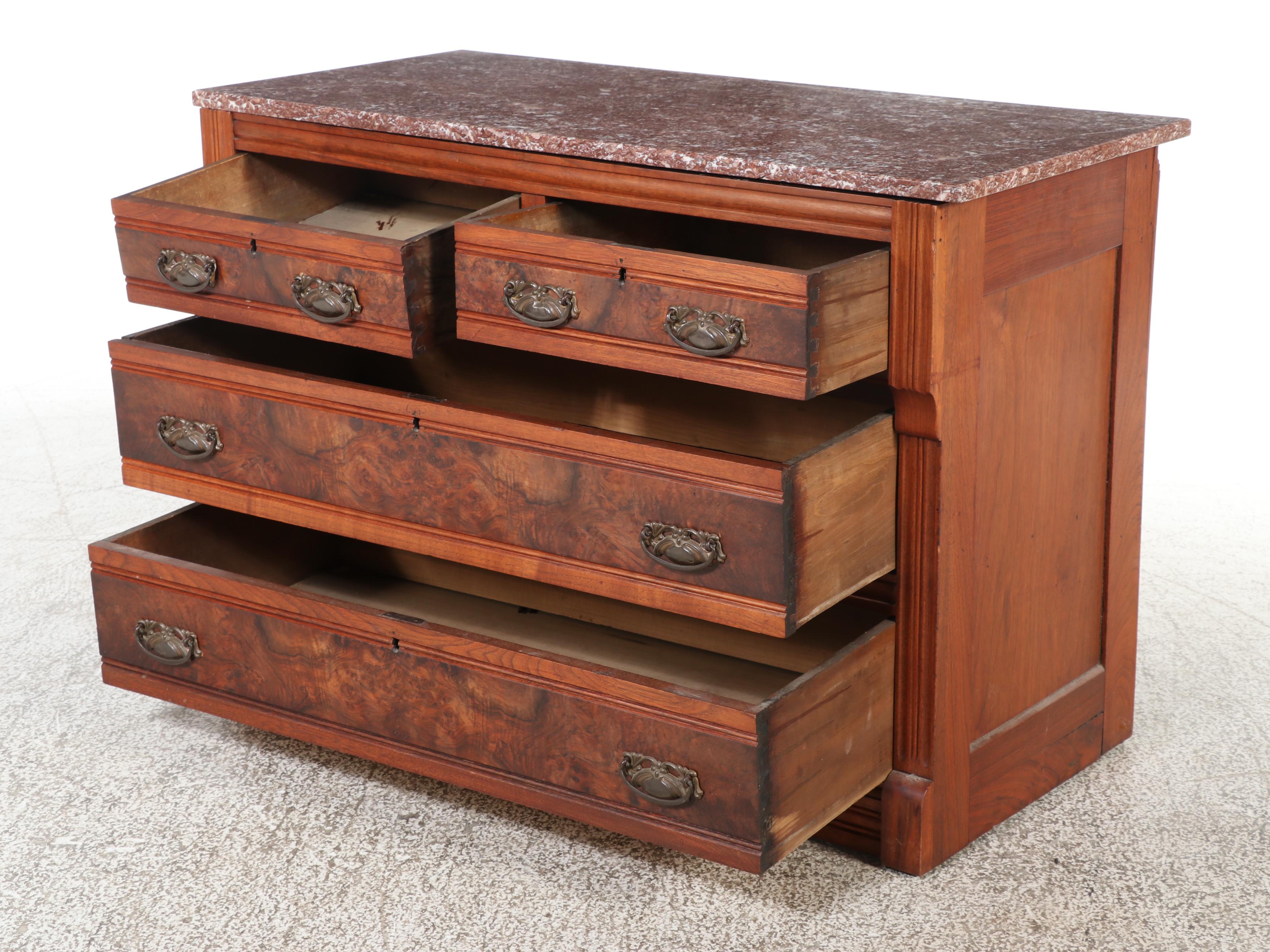Victorian Walnut, Burl Walnut, and Marble Top Four-Drawer Chest
