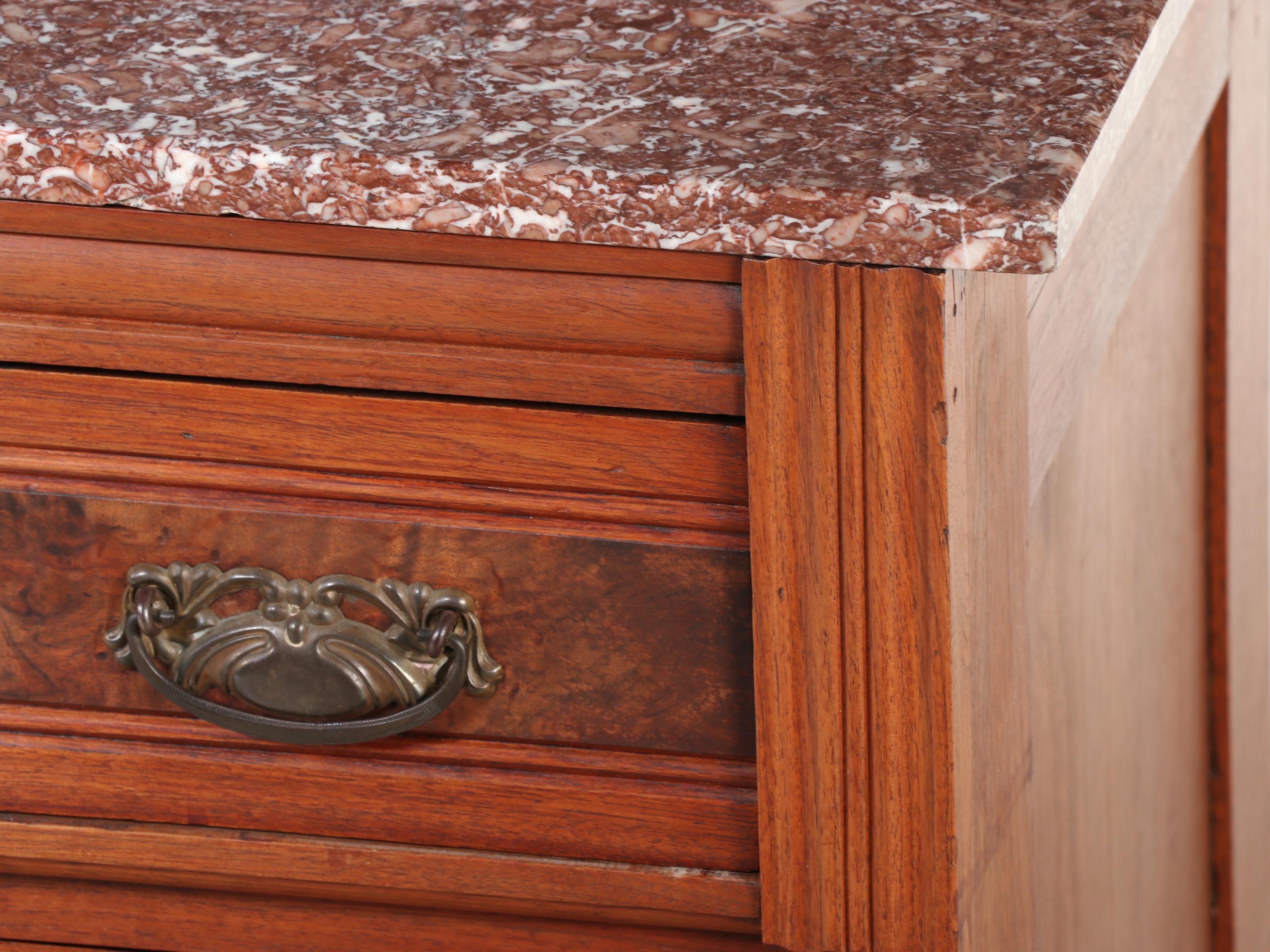 Victorian Walnut, Burl Walnut, and Marble Top Four-Drawer Chest