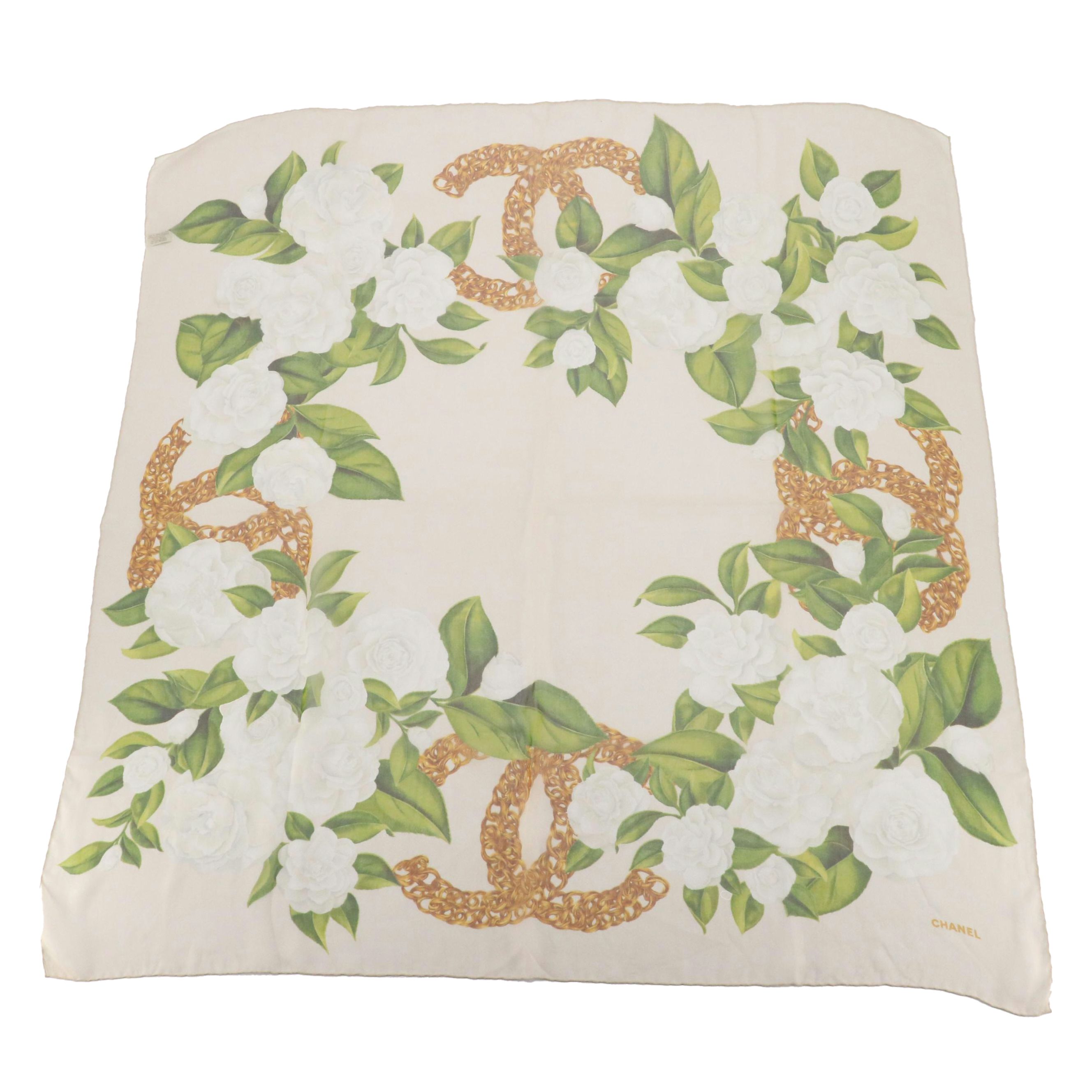Chanel CC Chain and Camellia Flower Printed Sheer Silk Scarf