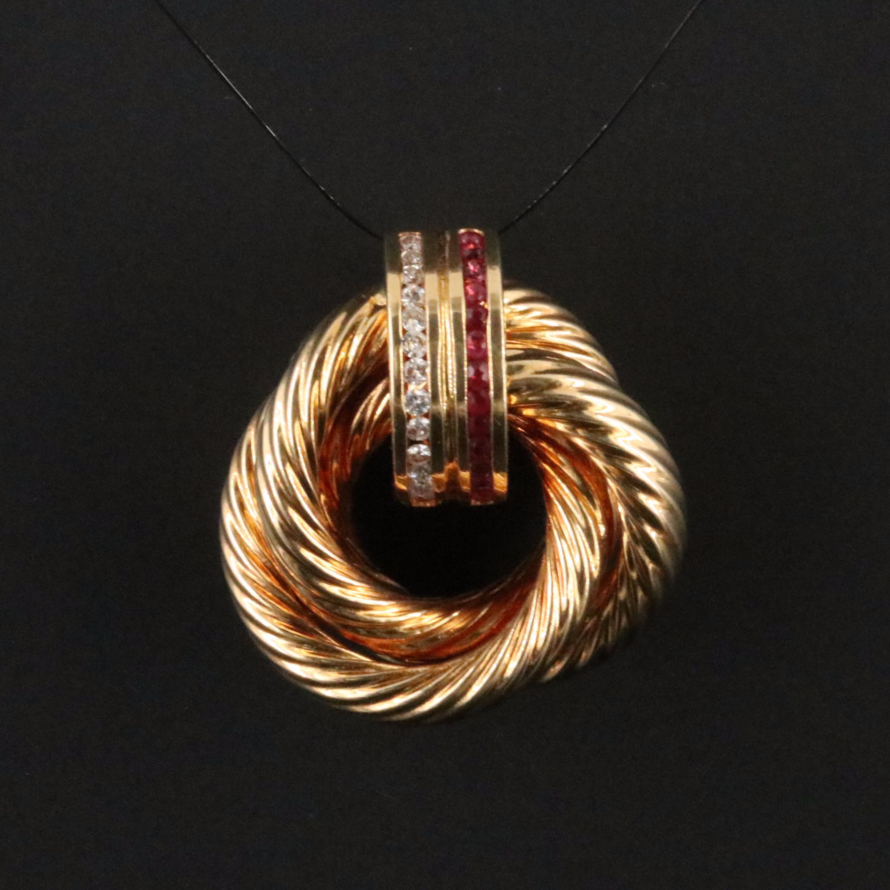 18K Fluted Diamond and Ruby Love Knot Enhancer Pendant