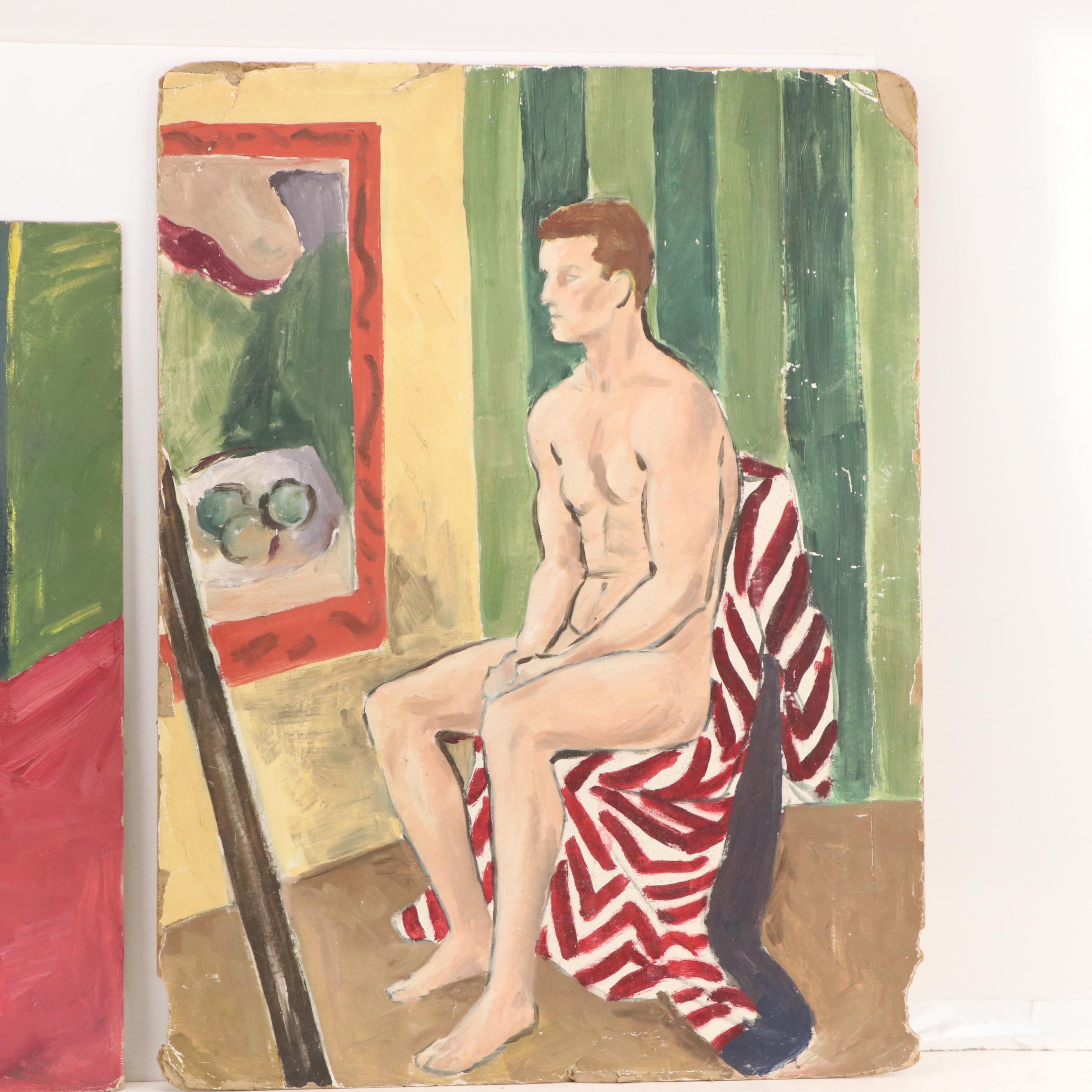 Pair of Oil Paintings Featuring Seated Nude Models, 21st Century